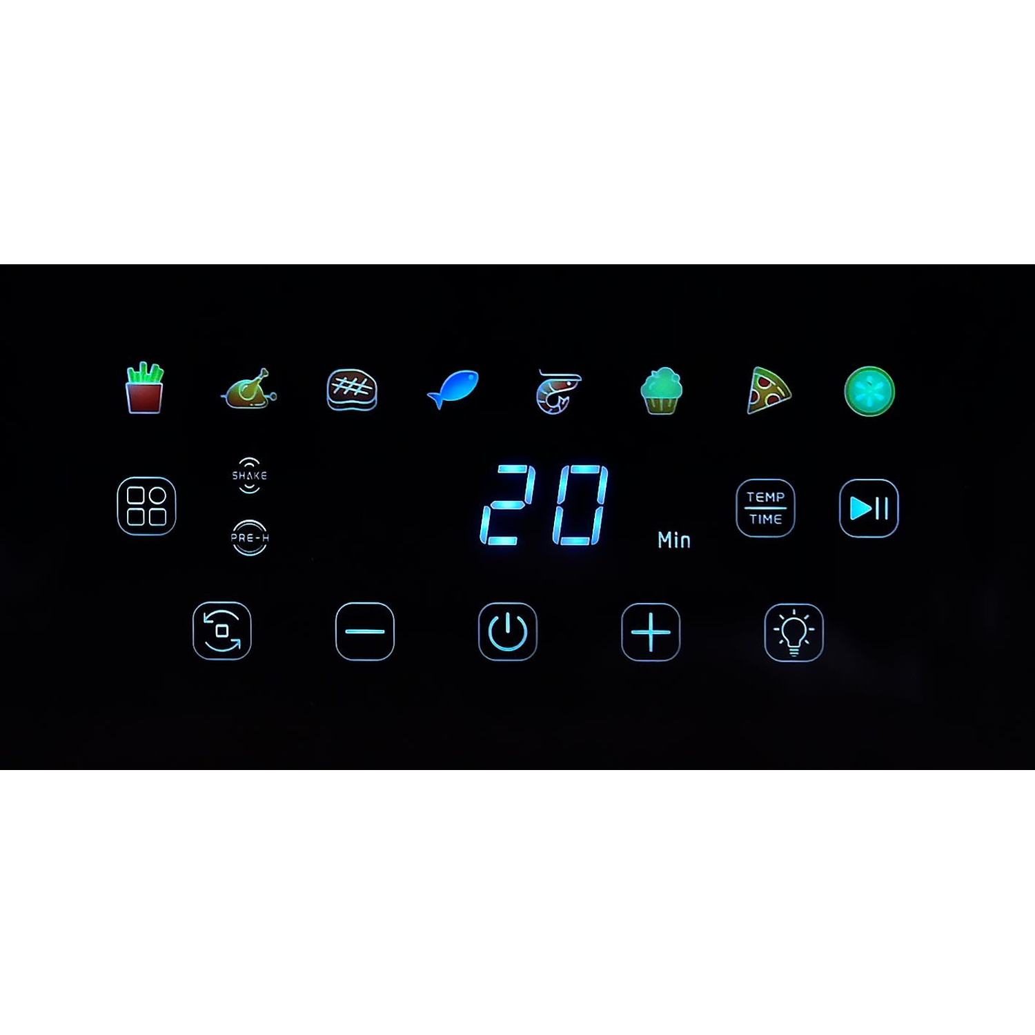 Display digitale mostra icone per cibo, ora, temperatura e controlli come accensione, più/meno.