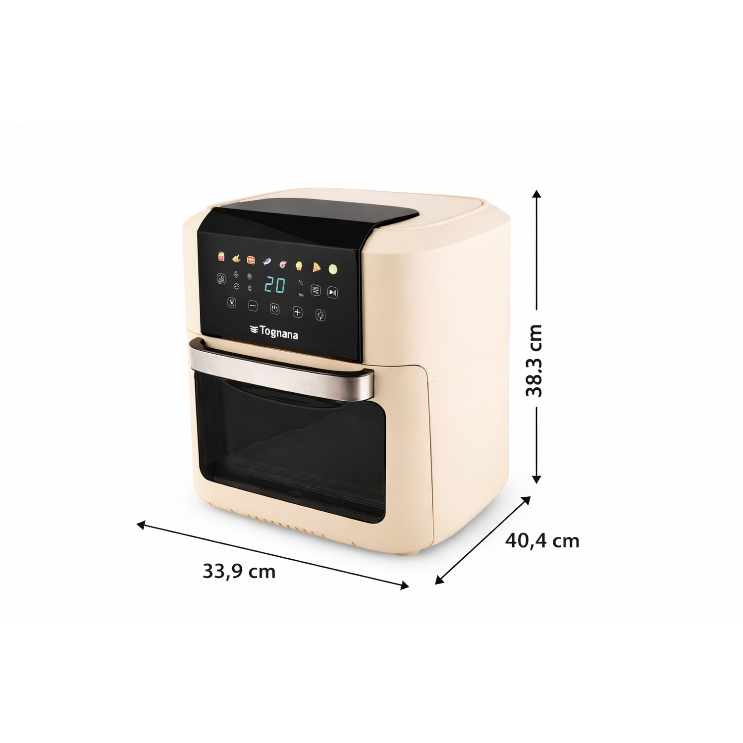 Friggitrice ad aria beige con display digitale e dimensioni.