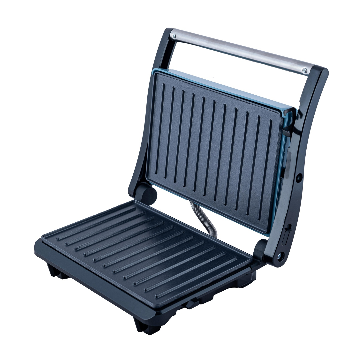 Un grill per sandwich aperto e scuro con piastre scanalate e manico in metallo.