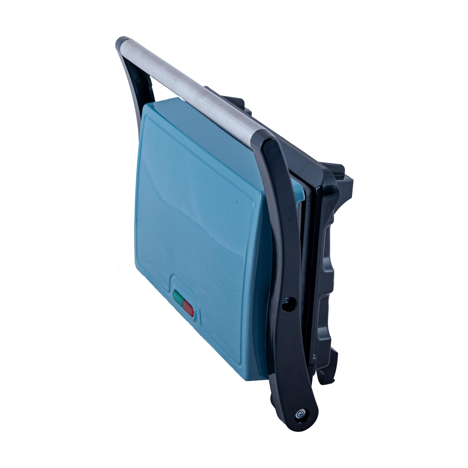 Un sandwich maker blu con manico argentato e accenti neri.