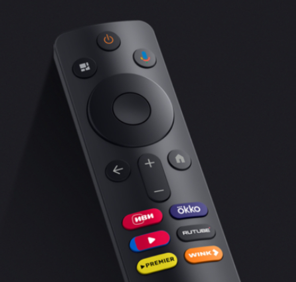 Zwarte afstandsbediening met gekleurde knoppen voor streamingdiensten.