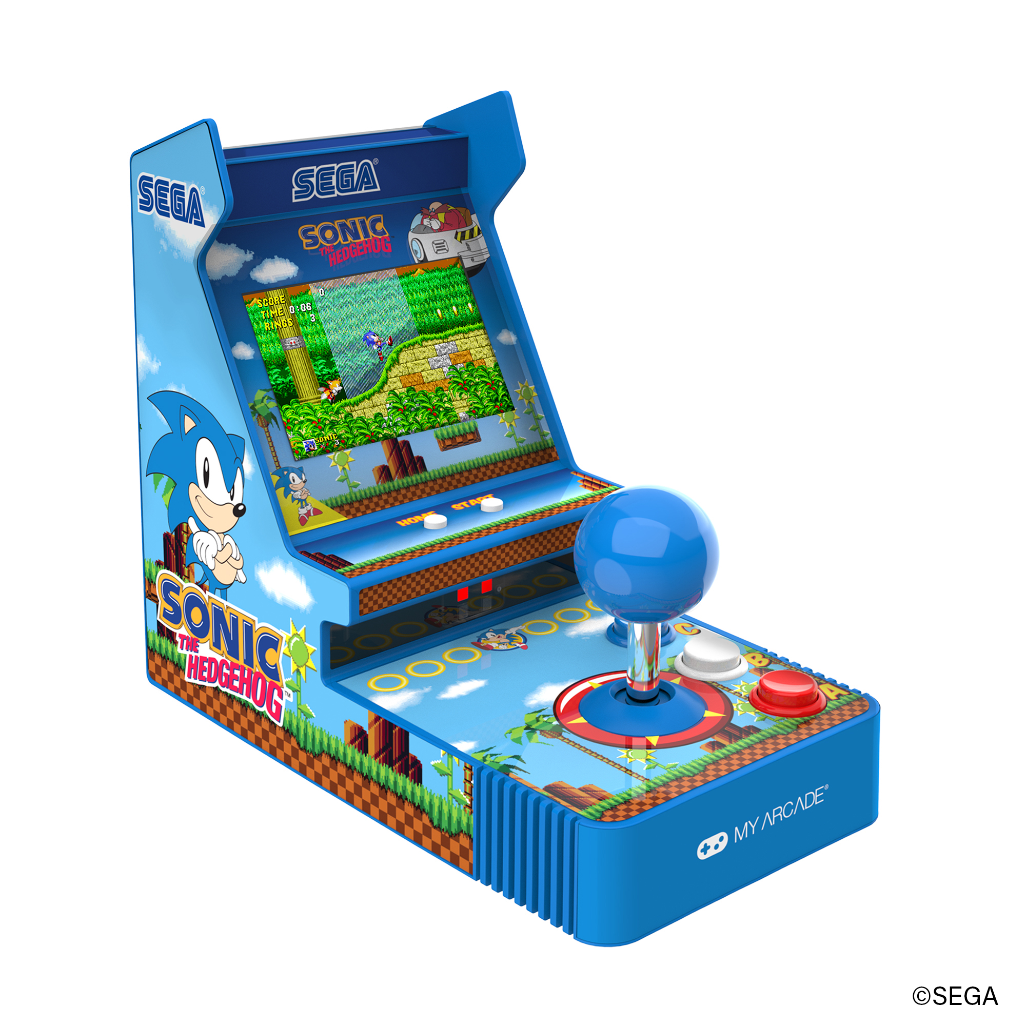 Sonic the Hedgehog temalı mini atari makinesi, mavi joystick ve düğmelere sahip.