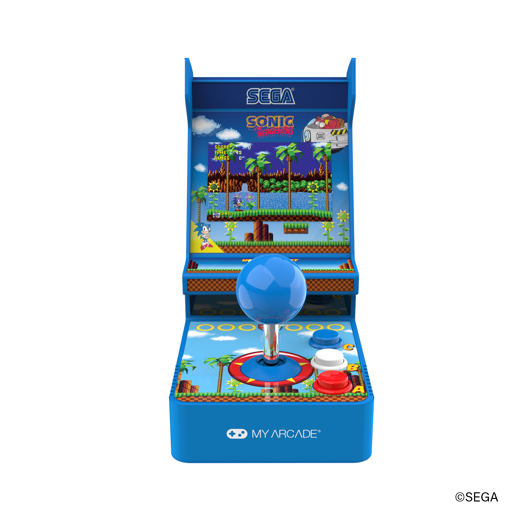 Joystick ve düğmeli mavi bir Sonic the Hedgehog atari makinesi.