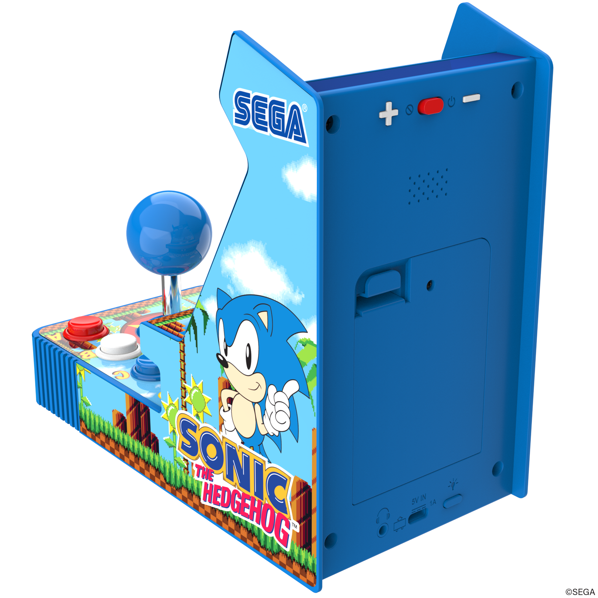 Sonic the Hedgehog grafikalı mavi mini atari makinesi, kumanda kolu ve düğmeler.