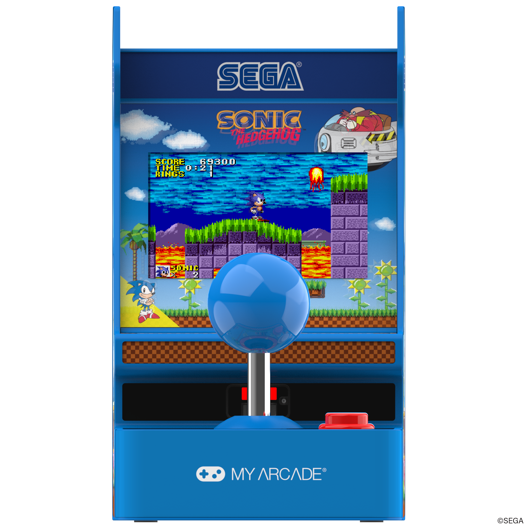 Mavi bir SEGA Sonic arcade kabini, oyun ekranı, mavi top ve kırmızı düğme içerir.
