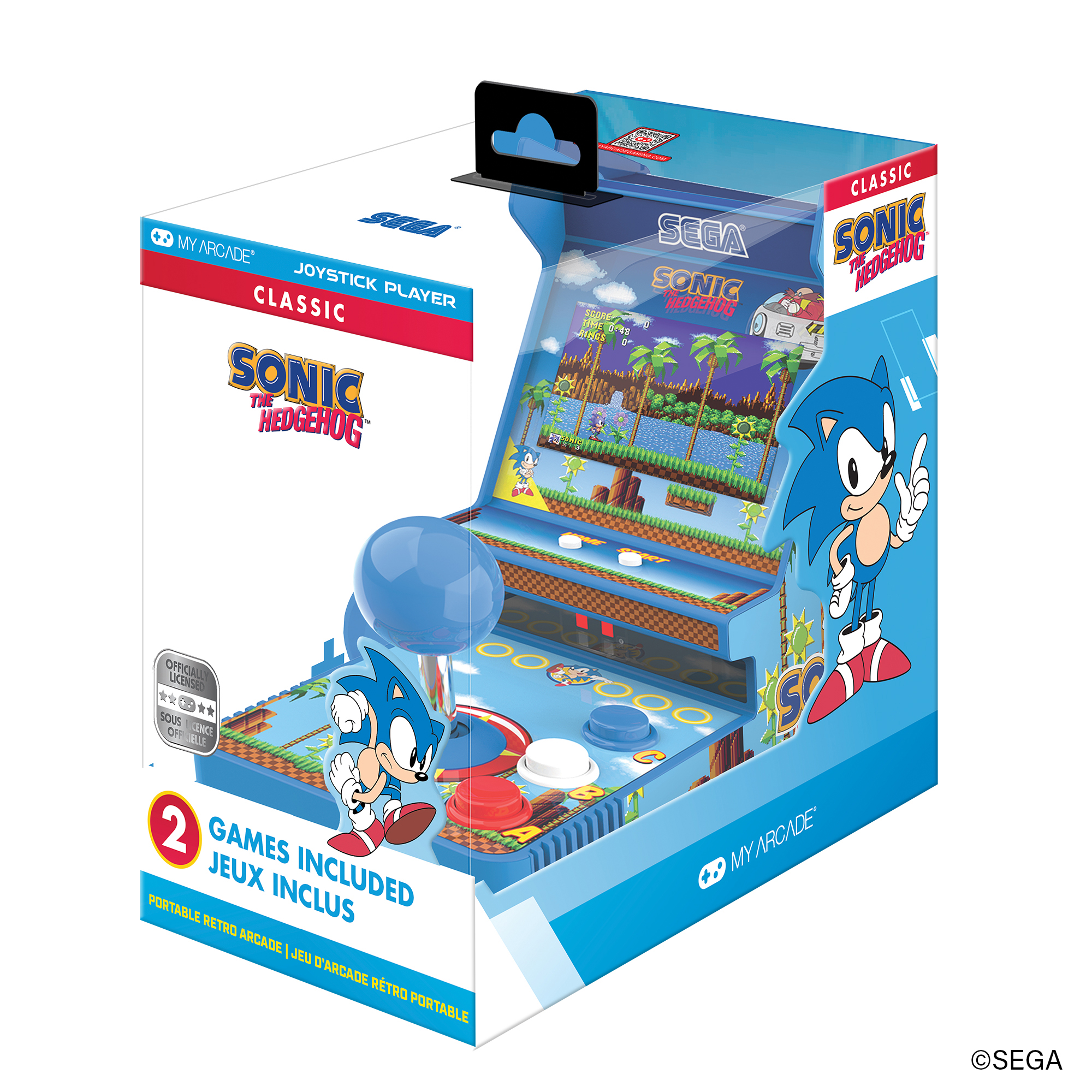 Joystick ve mavi düğmeli Sonic the Hedgehog arcade oyun cihazı.