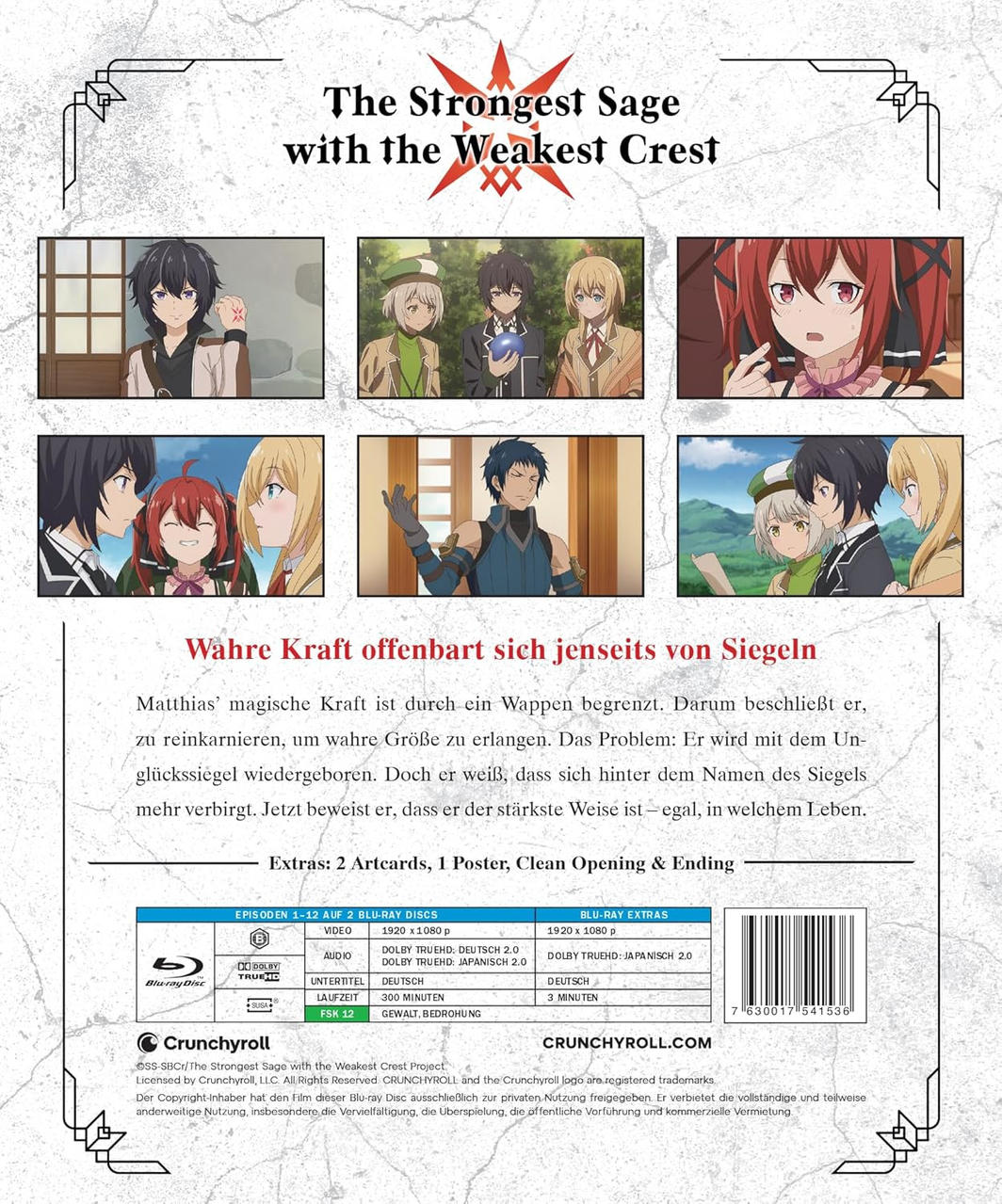 Anime-Poster mit vier Szenen, Titel und Blu-ray-Details.