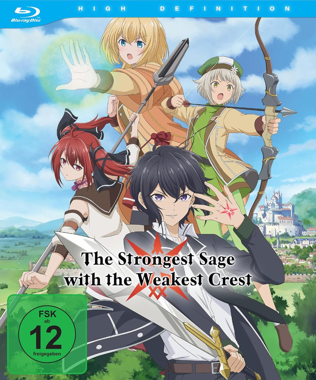 Anime-Cover mit vier Charakteren, Burg im Hintergrund, Blu-ray-Logo.