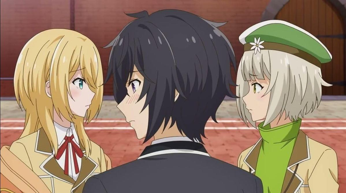 Drei Anime-Charaktere stehen sich gegenüber, zwei Mädchen und ein Junge.