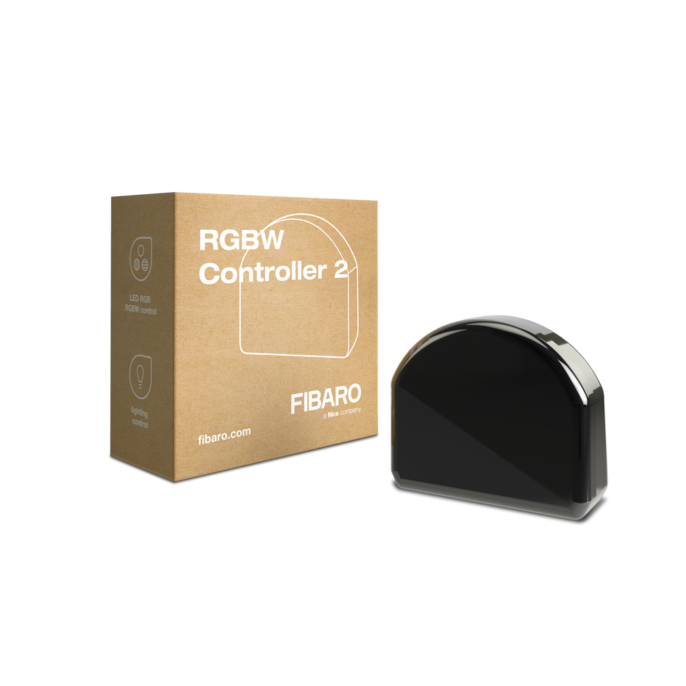 Ein schwarzes RGBW-Controller-Gerät neben seiner Verpackung.
