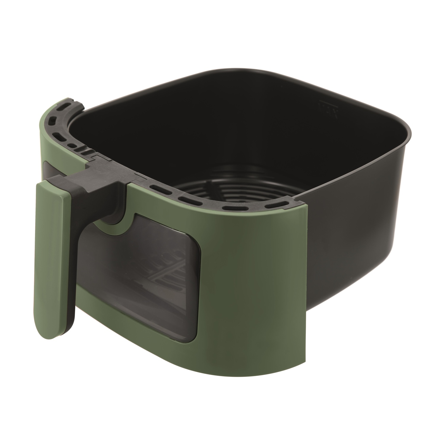 Cestello verde per friggitrice ad aria con inserto e manico neri, su sfondo bianco.