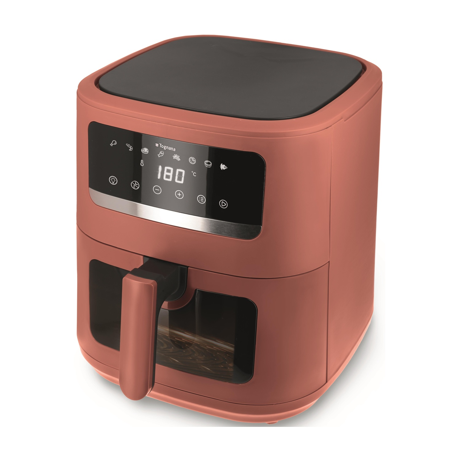 Una friggitrice ad aria color corallo con display digitale e manico.