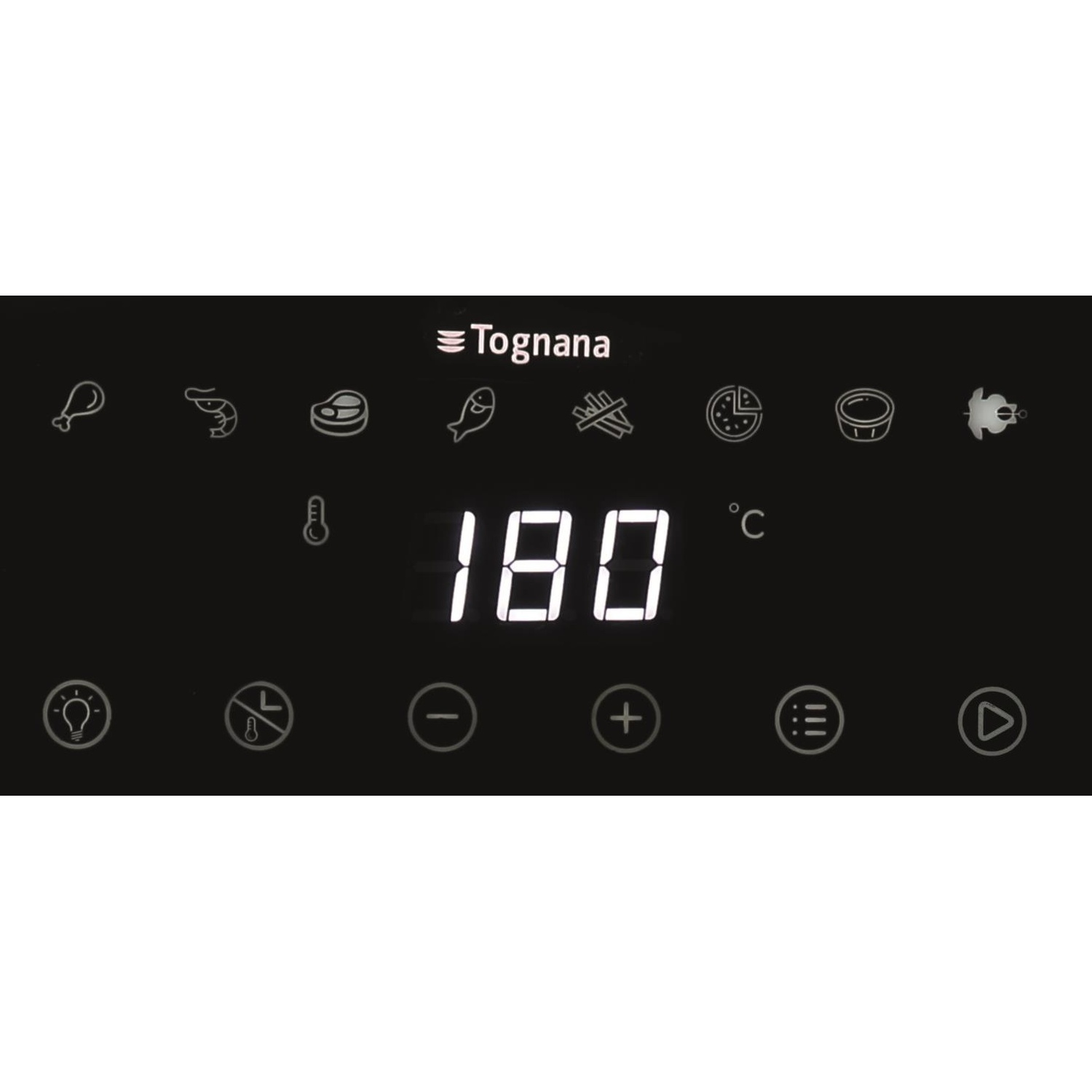 Display Tognana mostra 180°C con icone cibo e pulsanti di controllo.