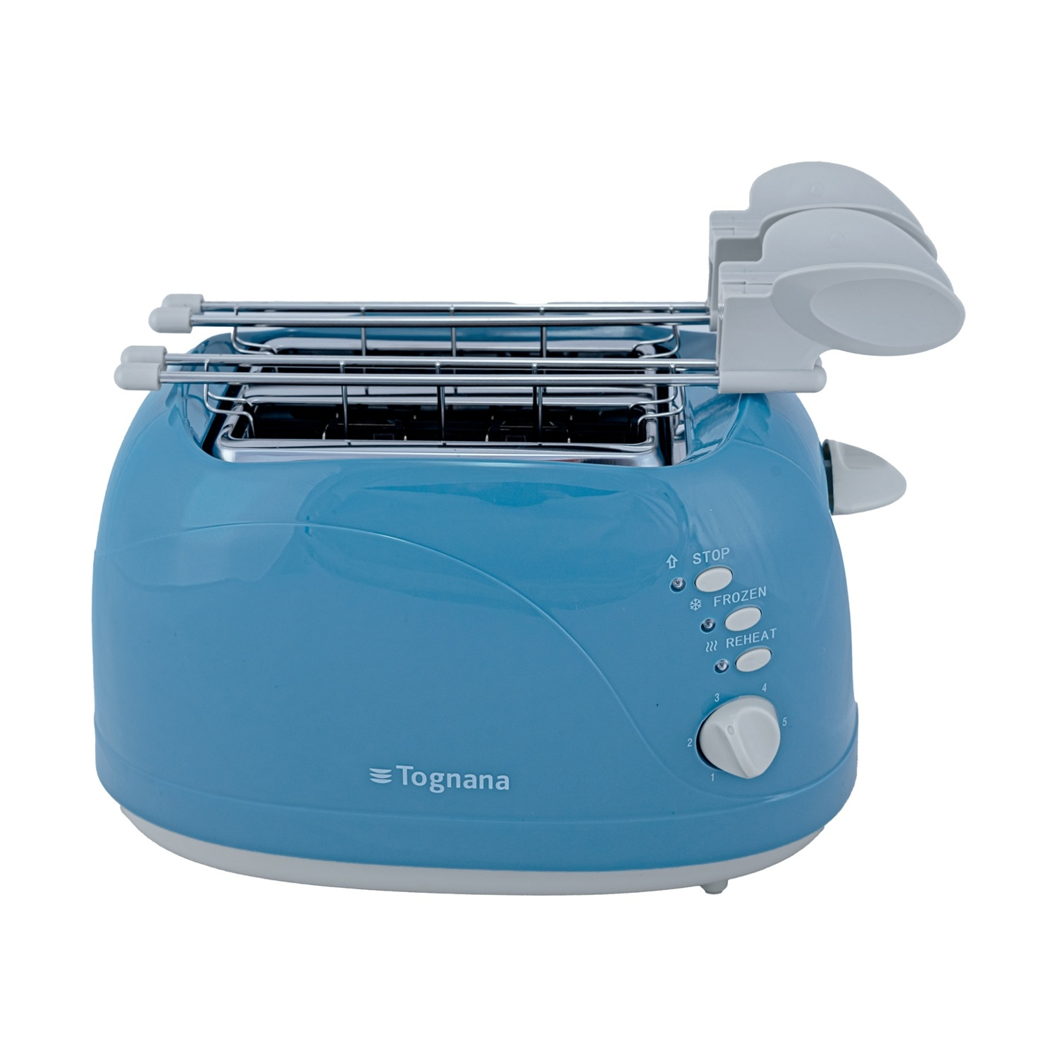 Un tostapane blu con fessure cromate e controlli per stop, congelato e riscaldare.