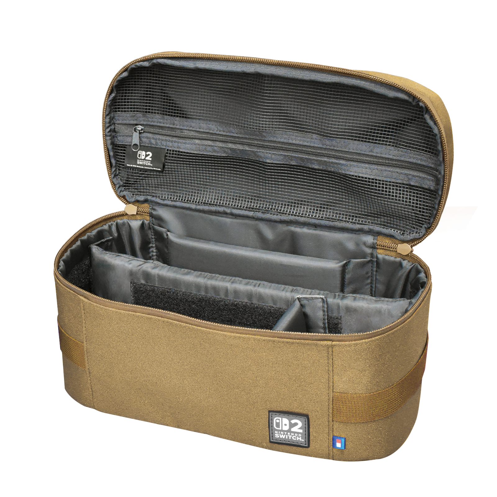 Offene braune Tasche mit Innenfächern und Reißverschlussfach mit Netz.