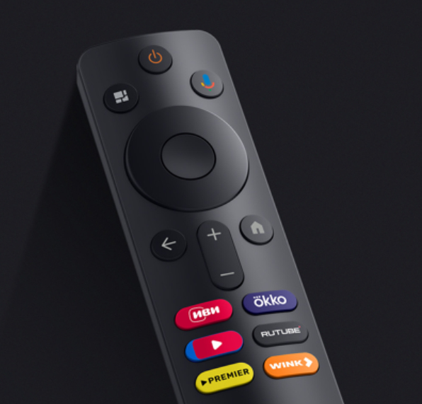 Black remote control with buttons for apps like Okko, Rutube.