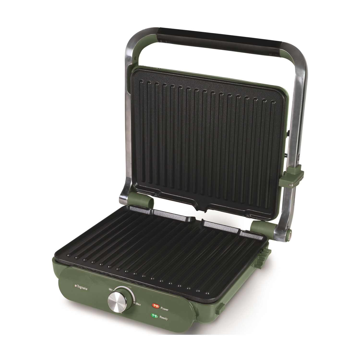 Grill a contatto verde con coperchio aperto, manico argentato e manopola.