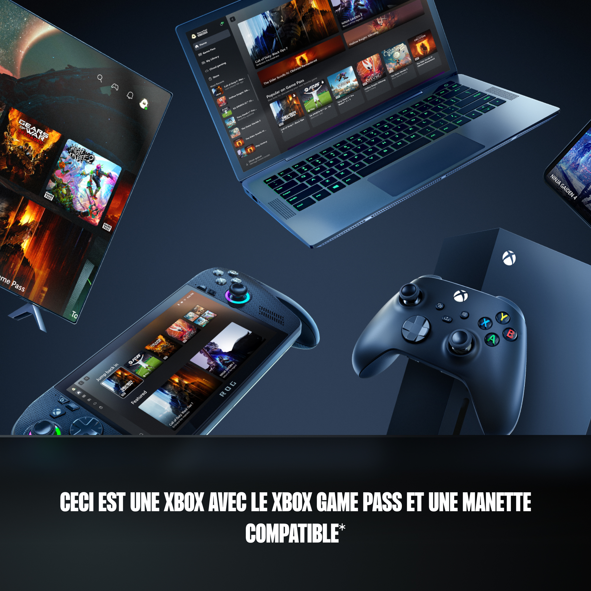 Xbox Series X, manette, ordinateur portable et console portable avec jeux.