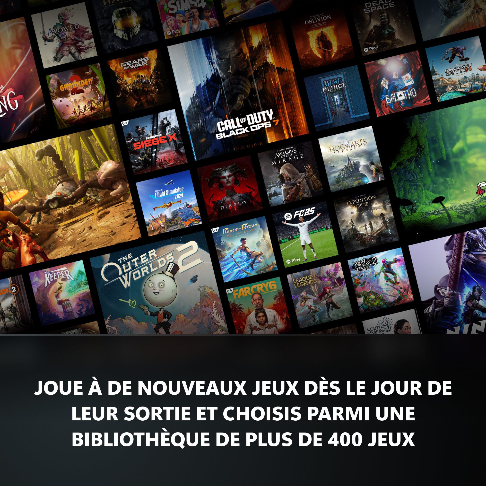 Collage van videogamhoezen, Franse tekst onderaan.