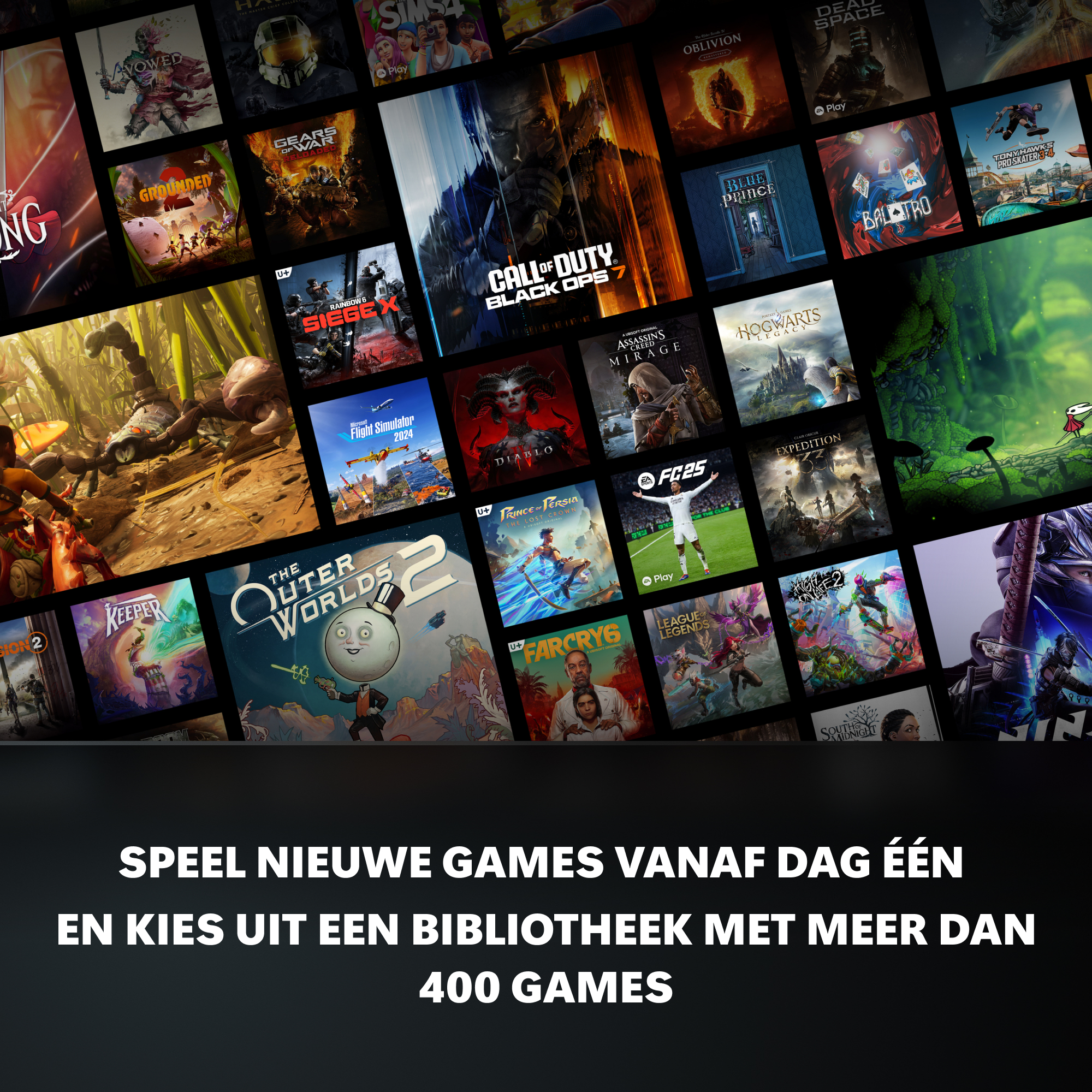 Collage van videogamereclames met tekst onderaan.