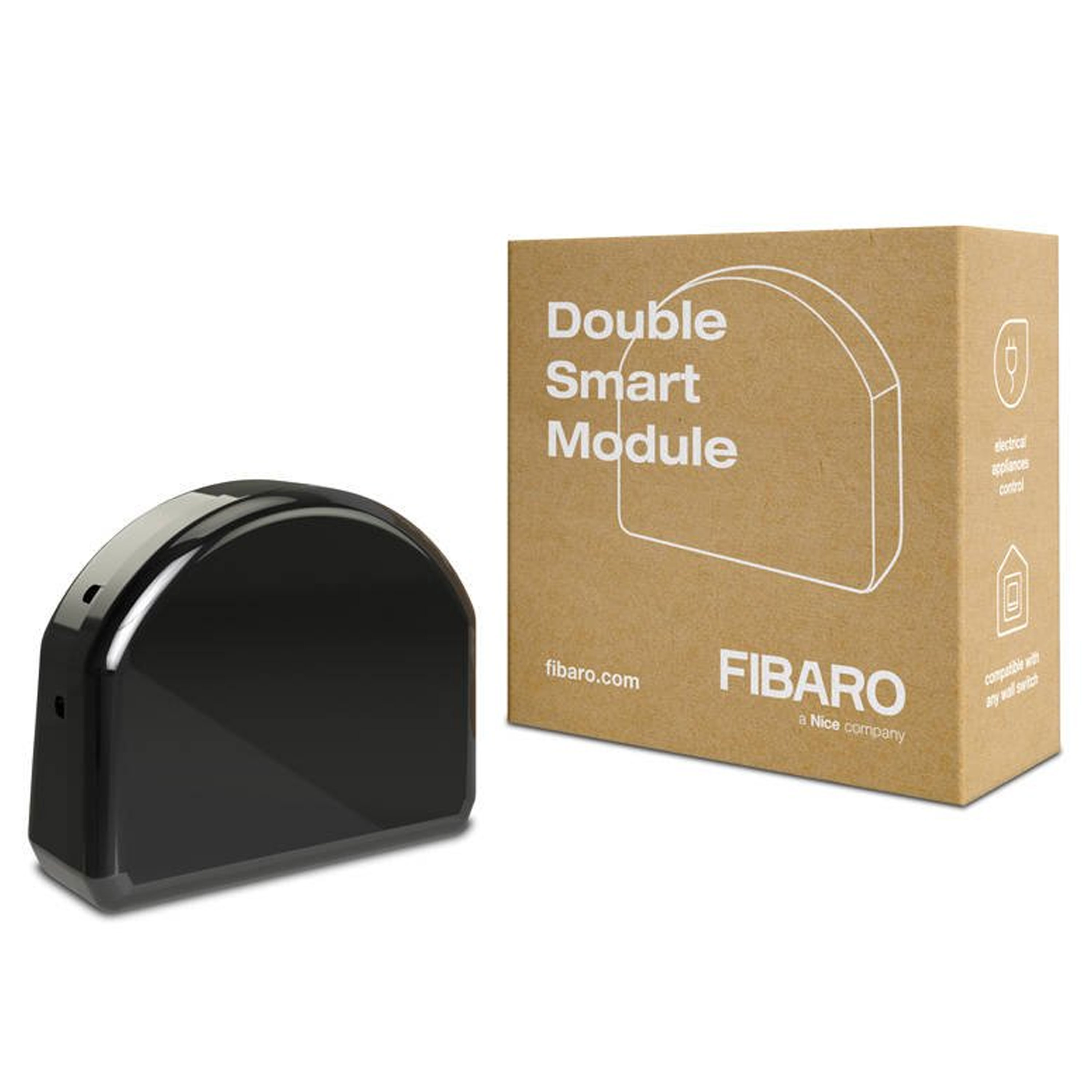 Ein schwarzes Smart-Modul von Fibaro neben seiner Verpackung.