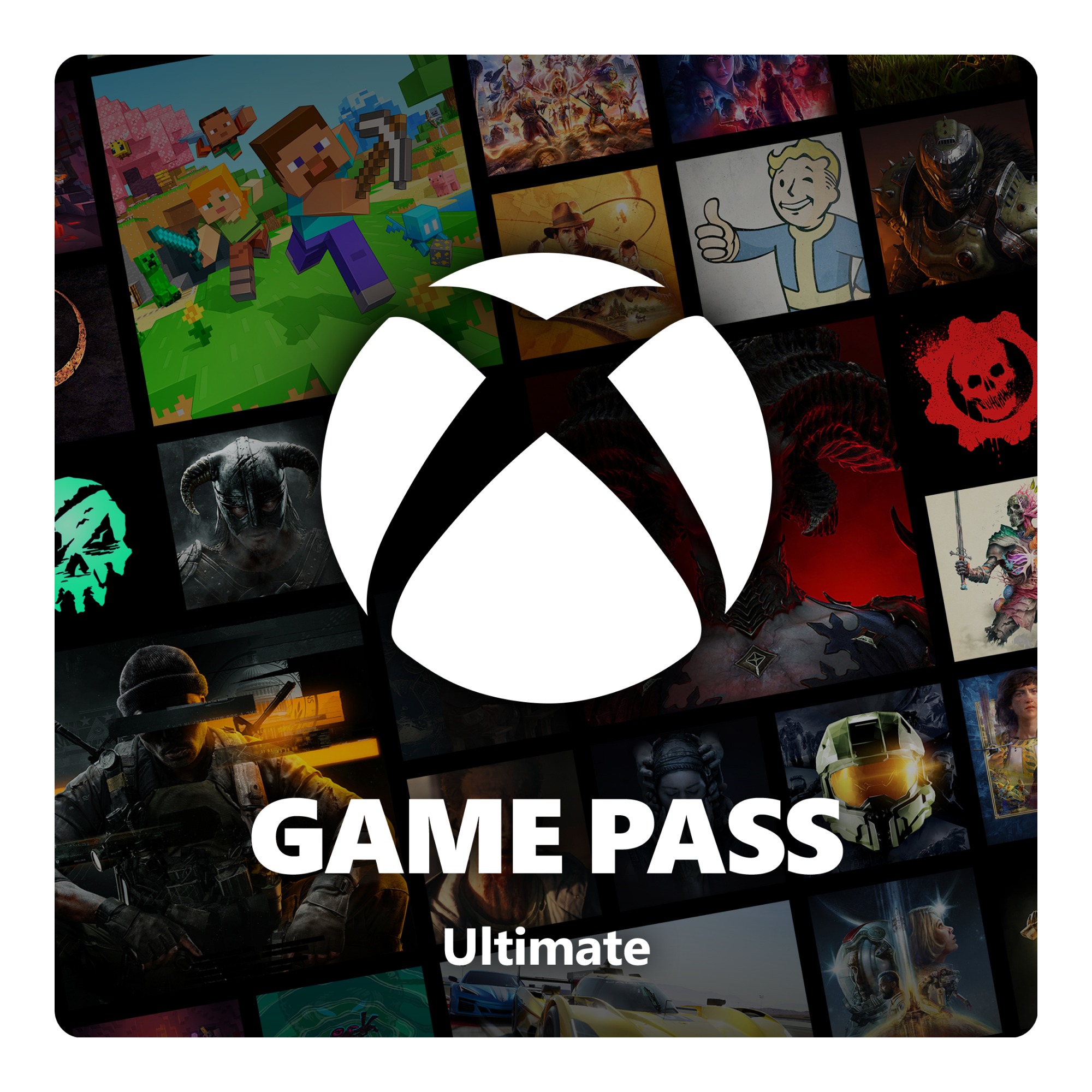 Xbox Game Pass Ultimate logo met collage van gamekunst. Minecraft, Fallout, Halo, Doom zichtbaar.
