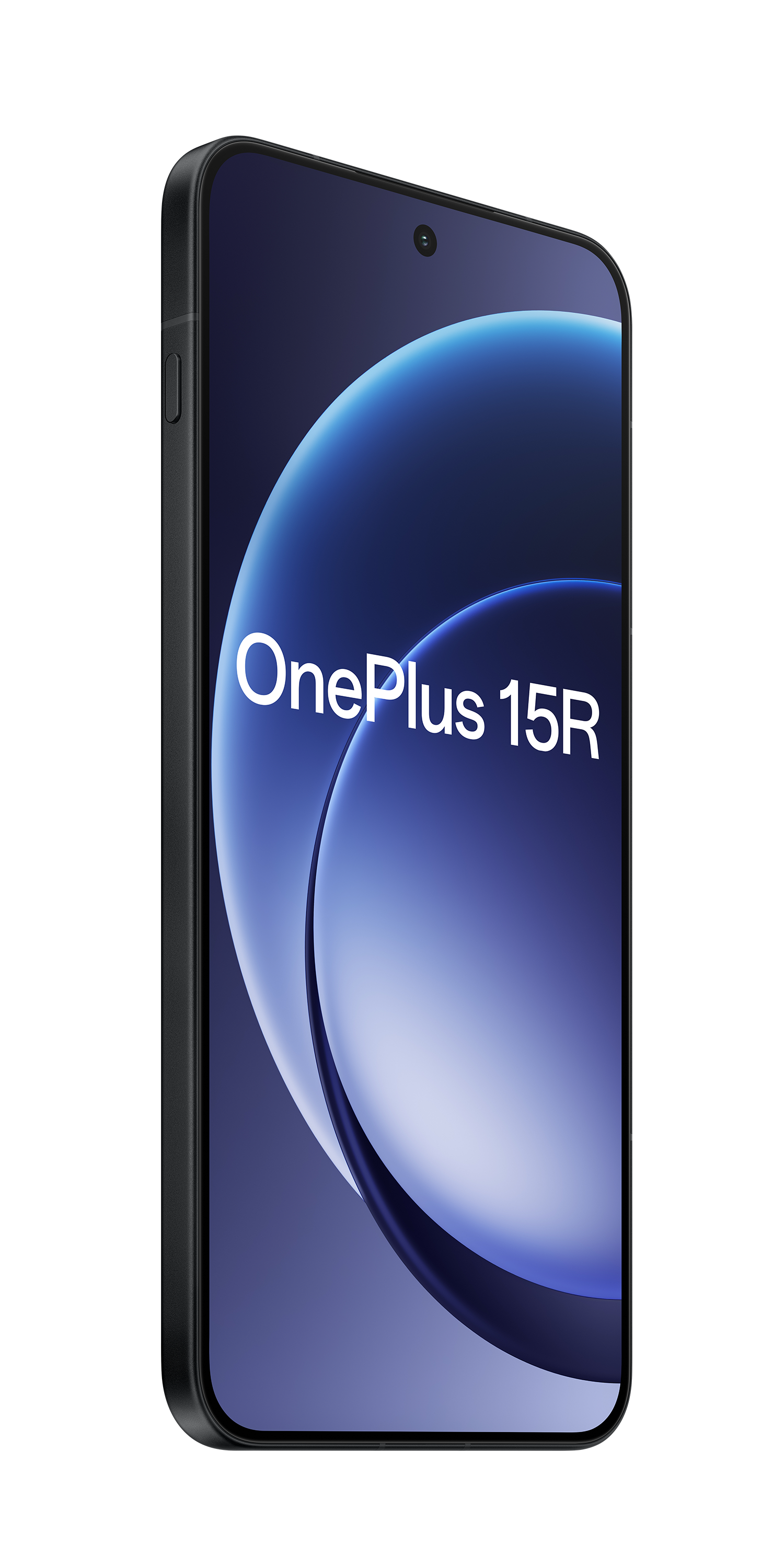 Czarny smartfon OnePlus 15R z niebieskim tłem.