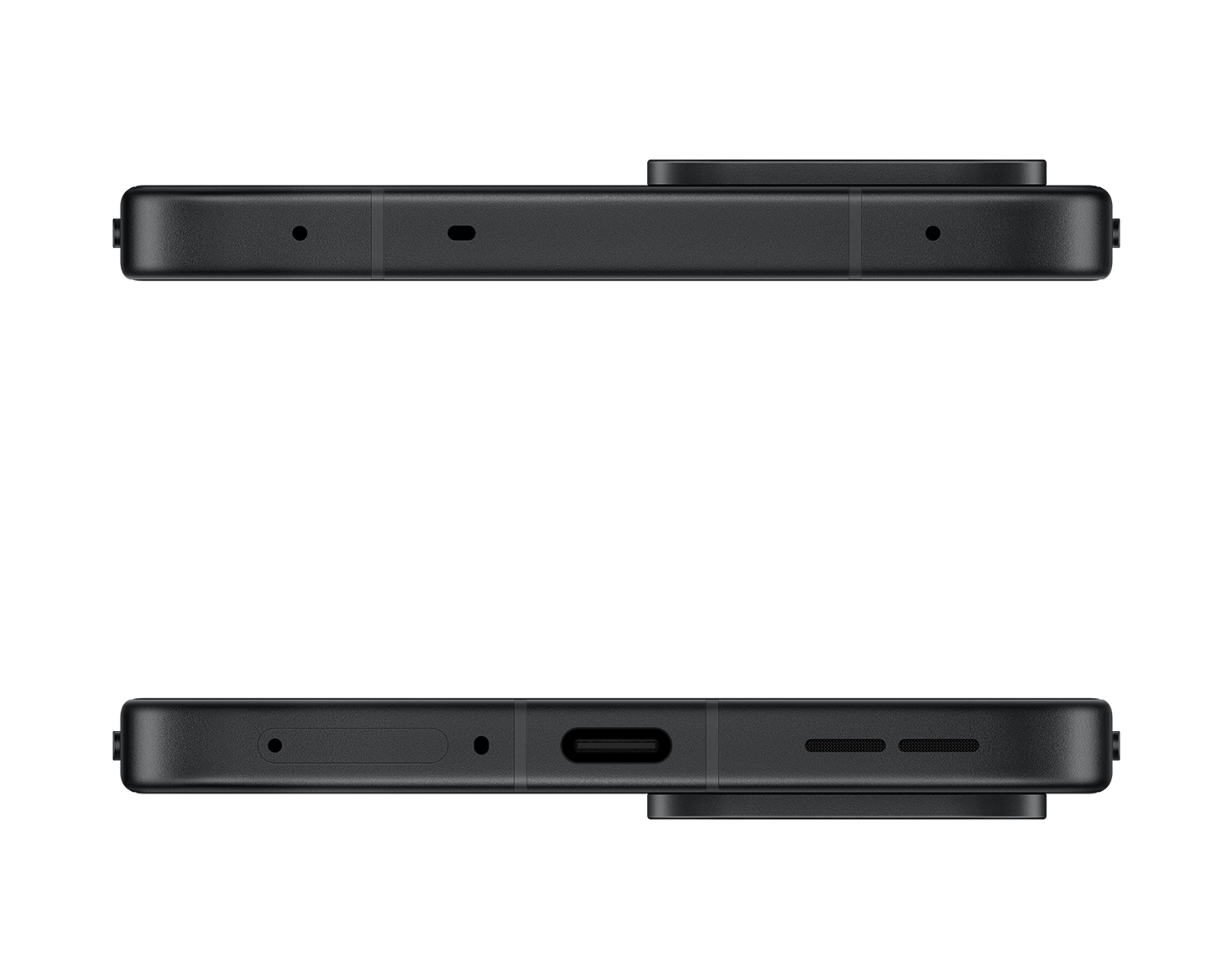 Widok z góry i z dołu czarnego smartfona pokazujący porty i detale.