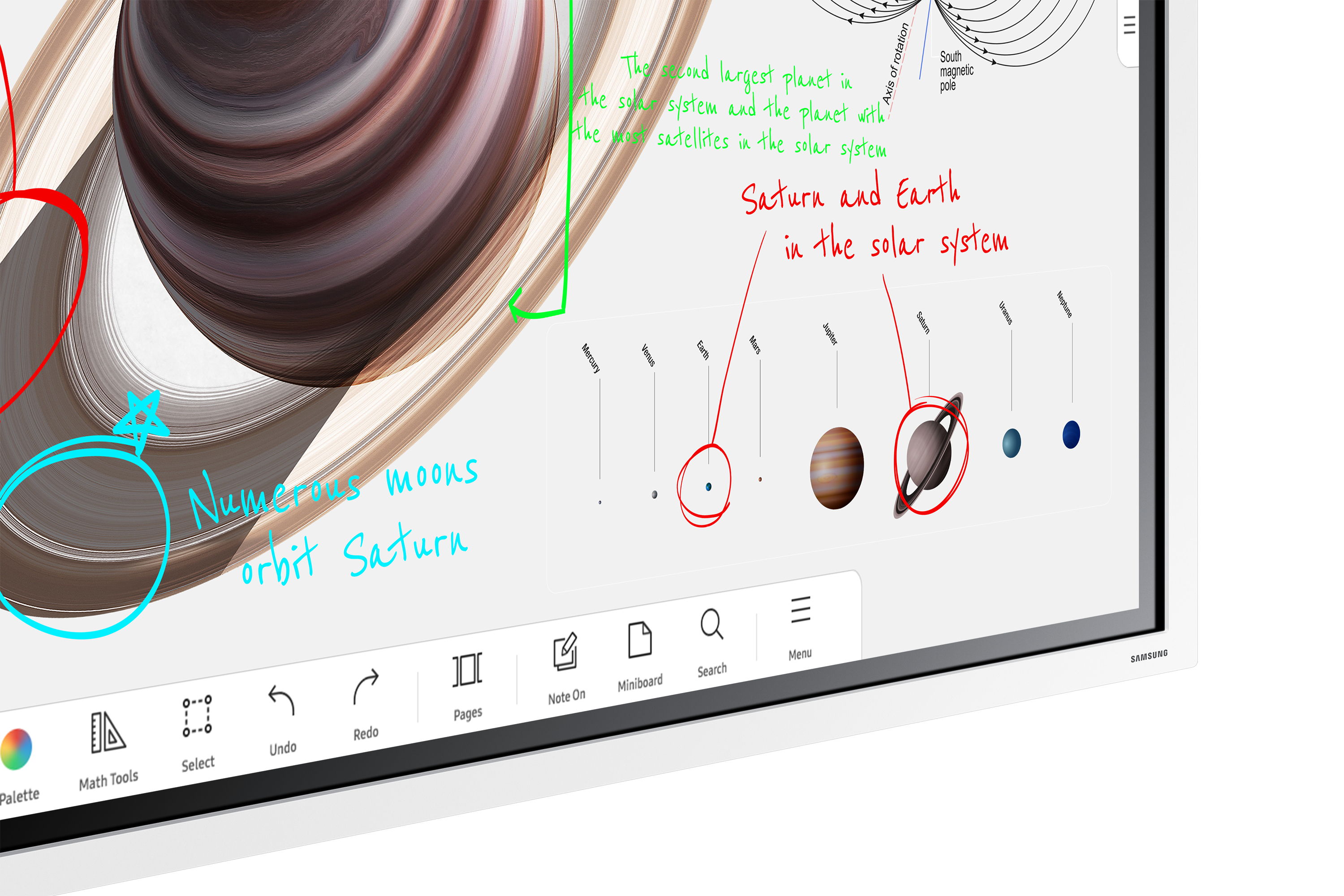 Saturn und Erdmodelle mit Beschriftungen im Sonnensystem.