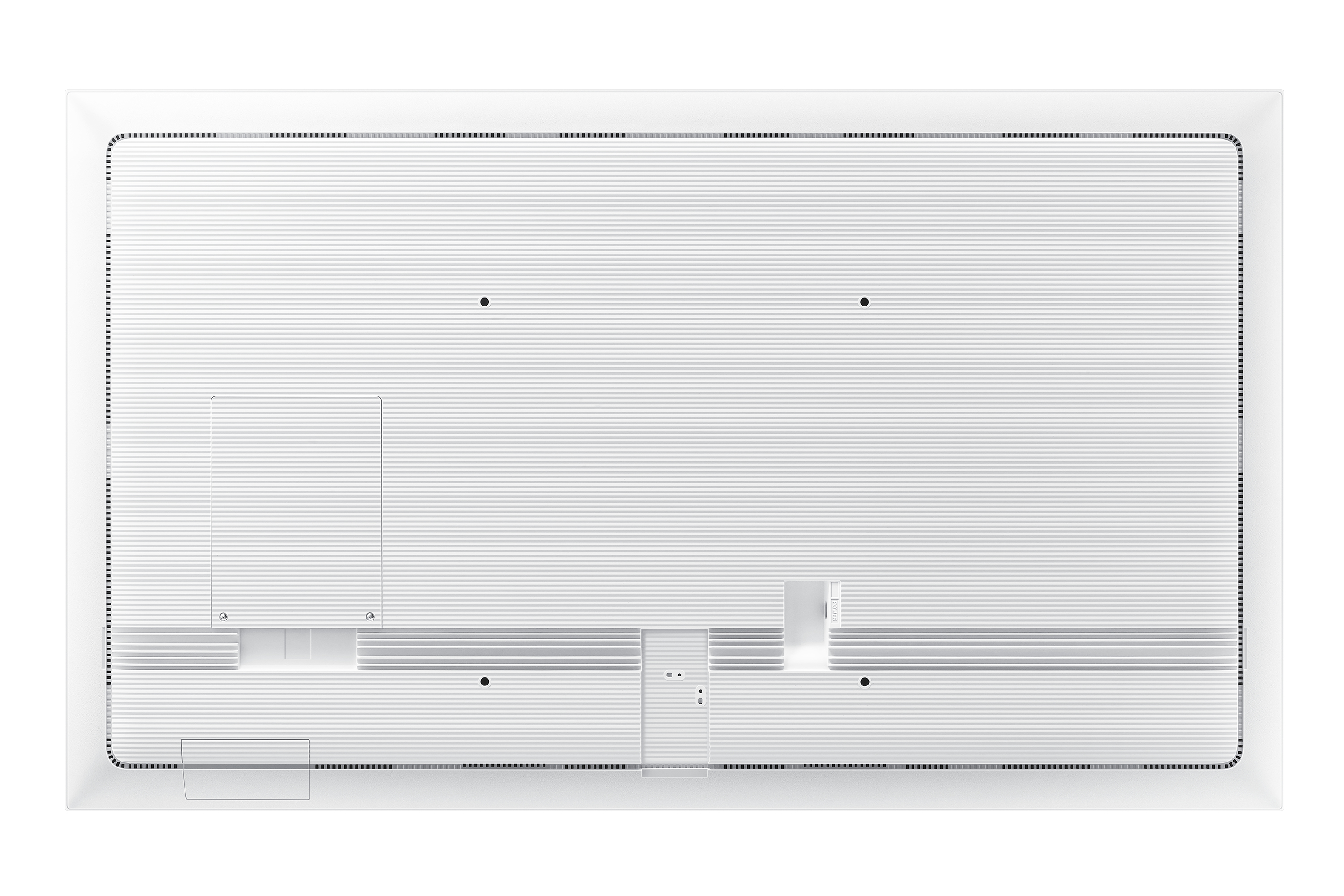 Die Rückseite eines weißen Fernsehers mit horizontalen Rillen und Anschlüssen.