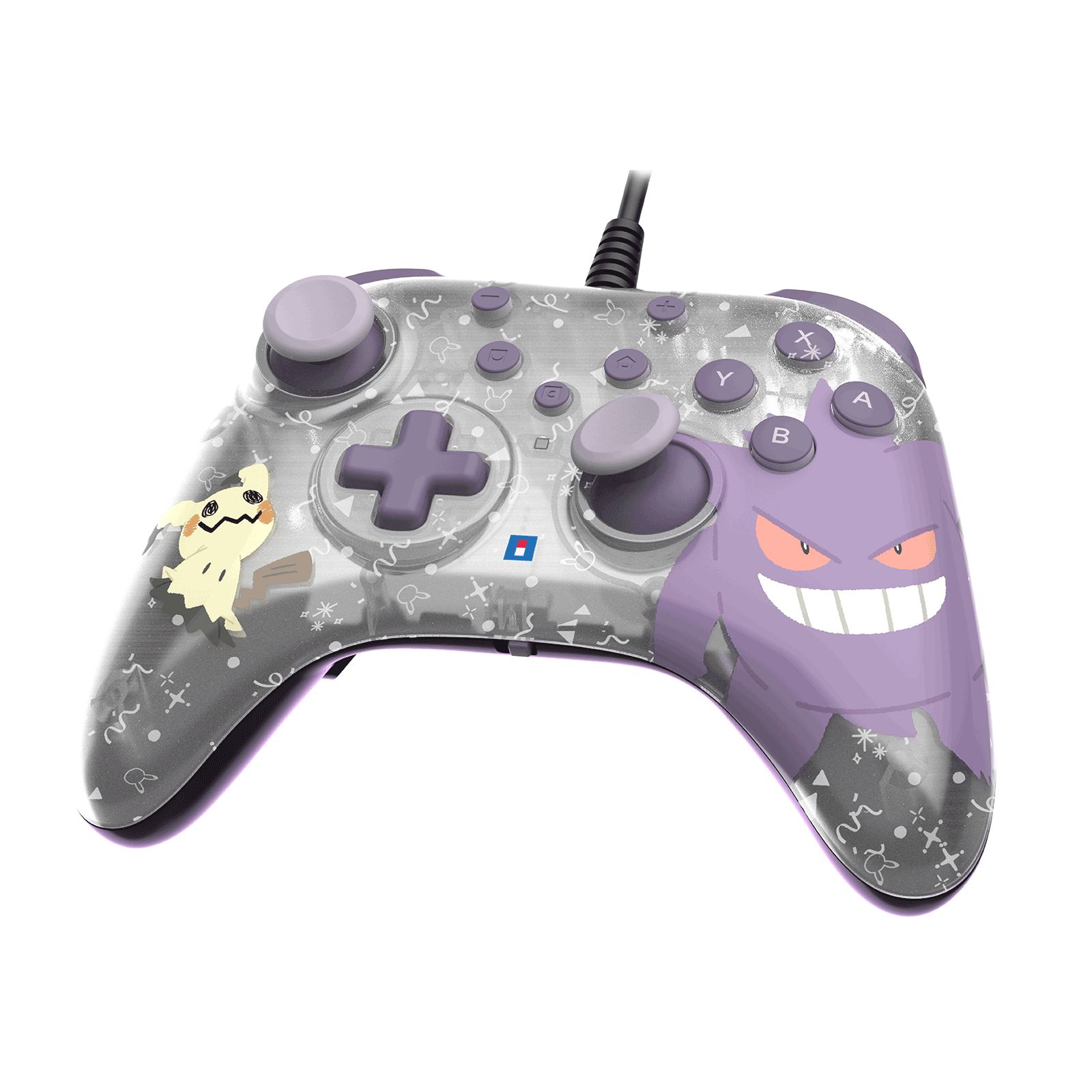 Grauer Controller mit Pokémon-Motiven: Gengar und Mimikyu.