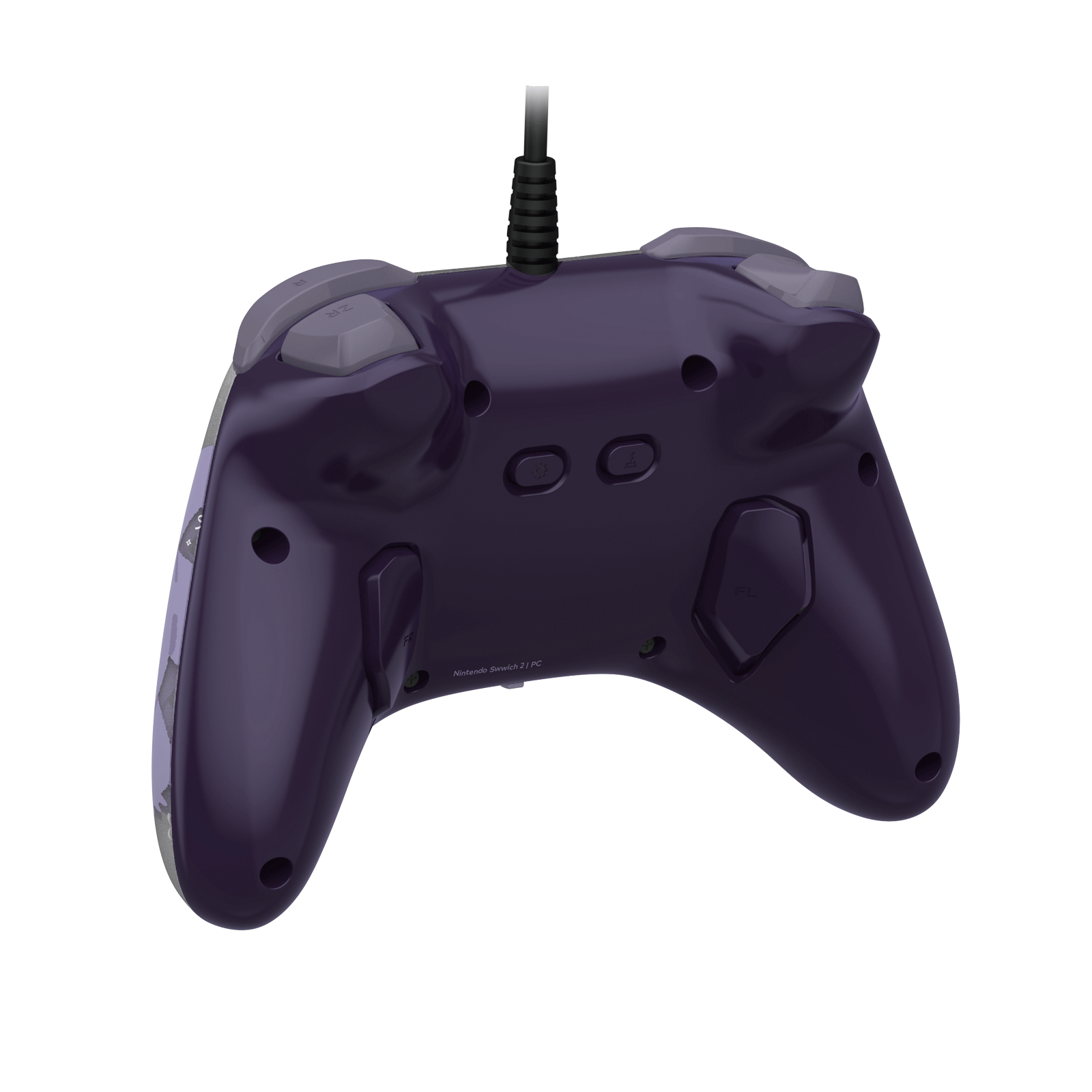 Dunkelviolette Controller-Rückseite mit grauen Tasten und einem schwarzen Kabel.