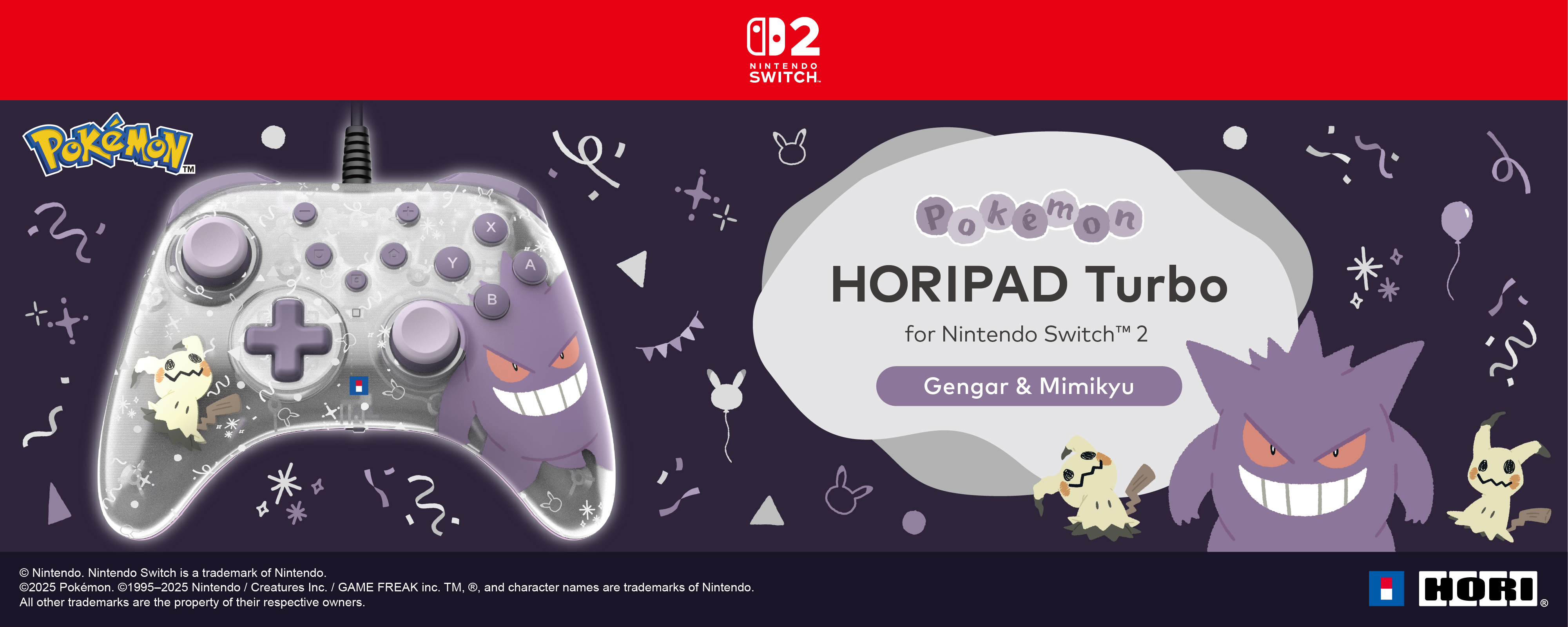Ein HORI-Controller für Nintendo Switch mit Pokémon-Motiv, Gengar und Mimikyu.