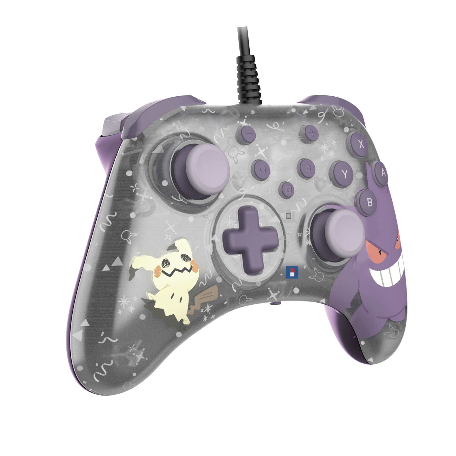 Ein transparenter Controller mit Mimikyu und Gengar-Motiv.