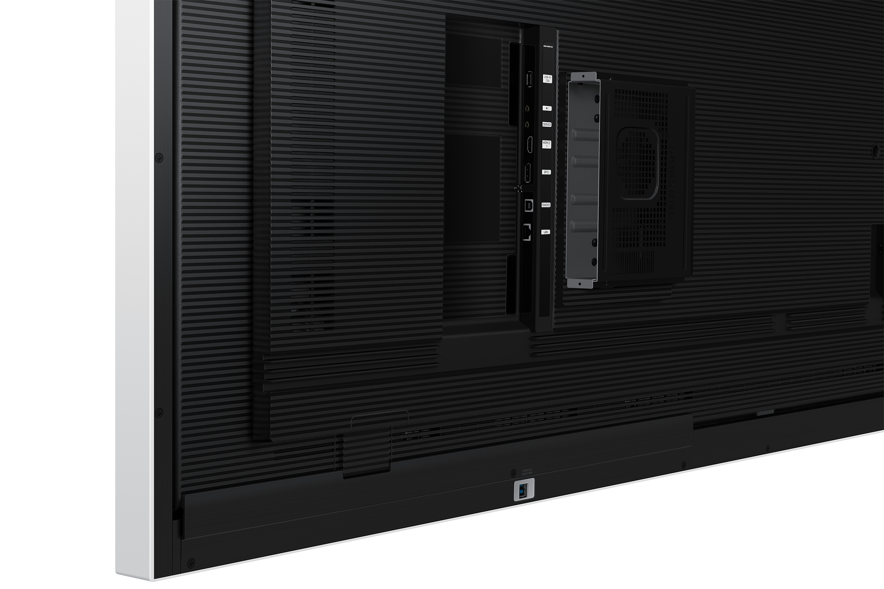 Rückseite eines Displays mit Anschlüssen wie USB-C, HDMI und LAN.