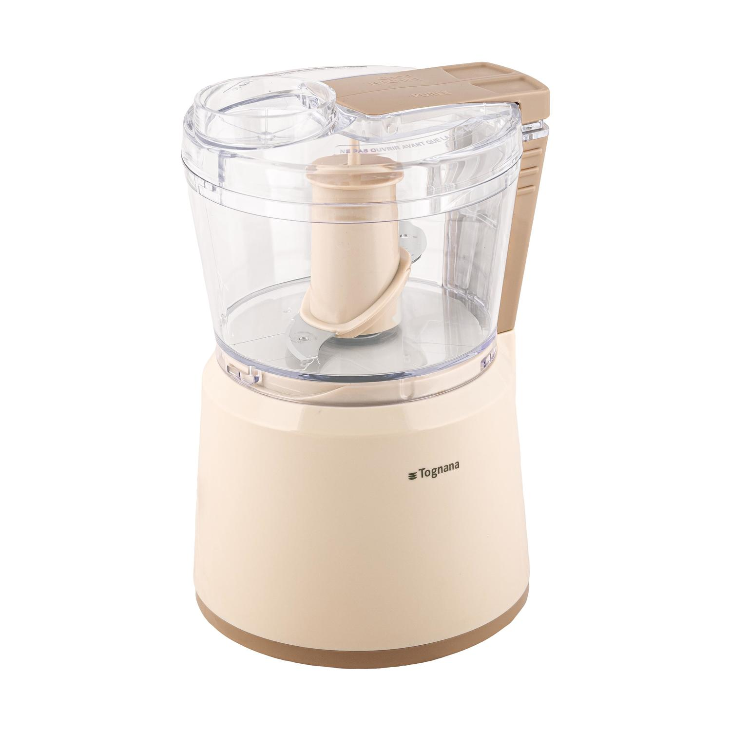 Robot da cucina Tognana beige con ciotola trasparente e gruppo lame.