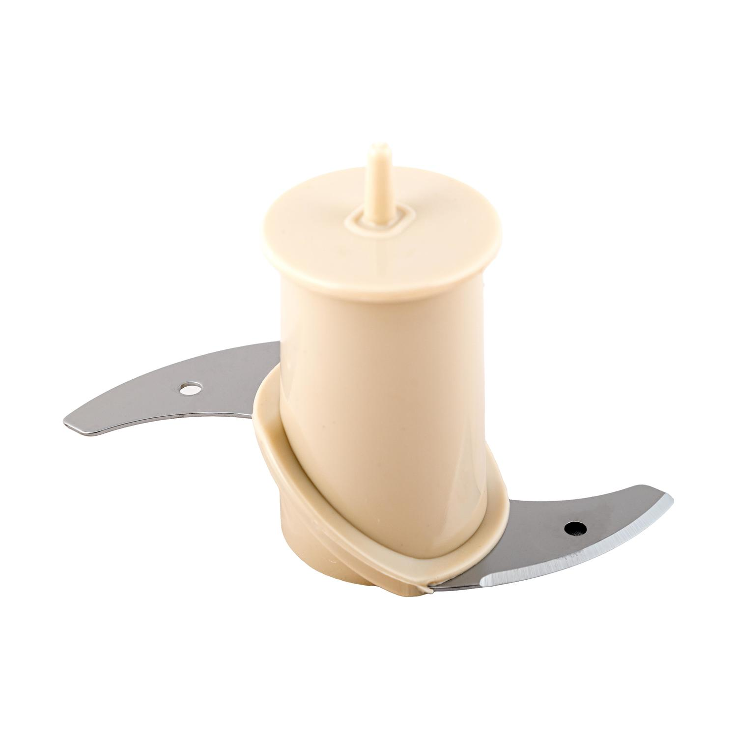 Un accessorio per robot da cucina color crema con lame in metallo.