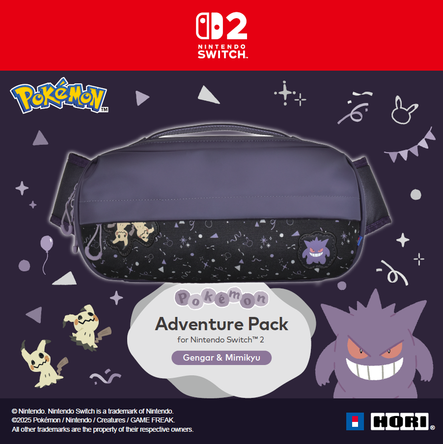 Eine violette Pokémon Adventure Pack Bauchtasche mit Gengar- und Mimikyu-Motiven.
