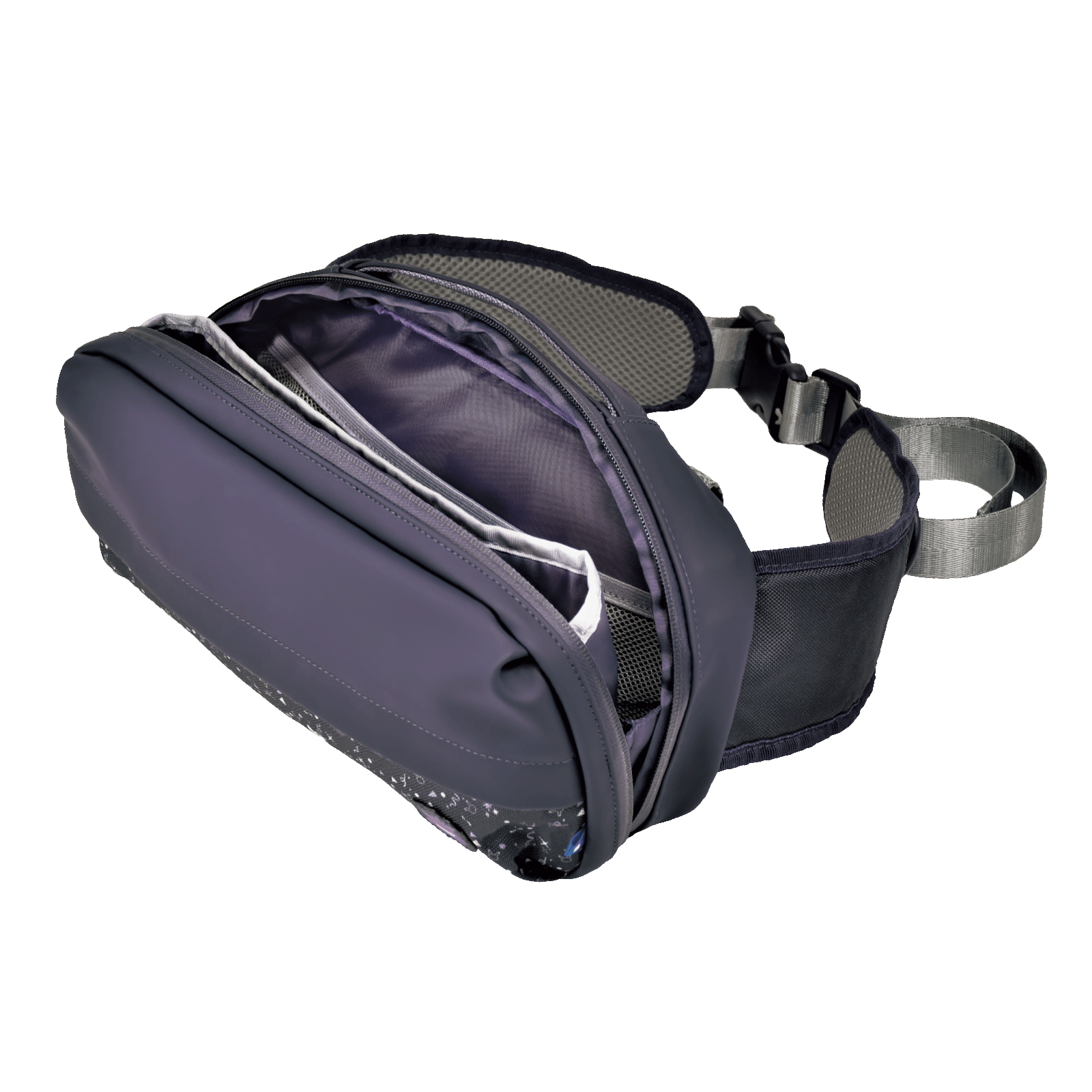 Eine dunkle, offene Bauchtasche mit grauen Gurten und Schnalle.