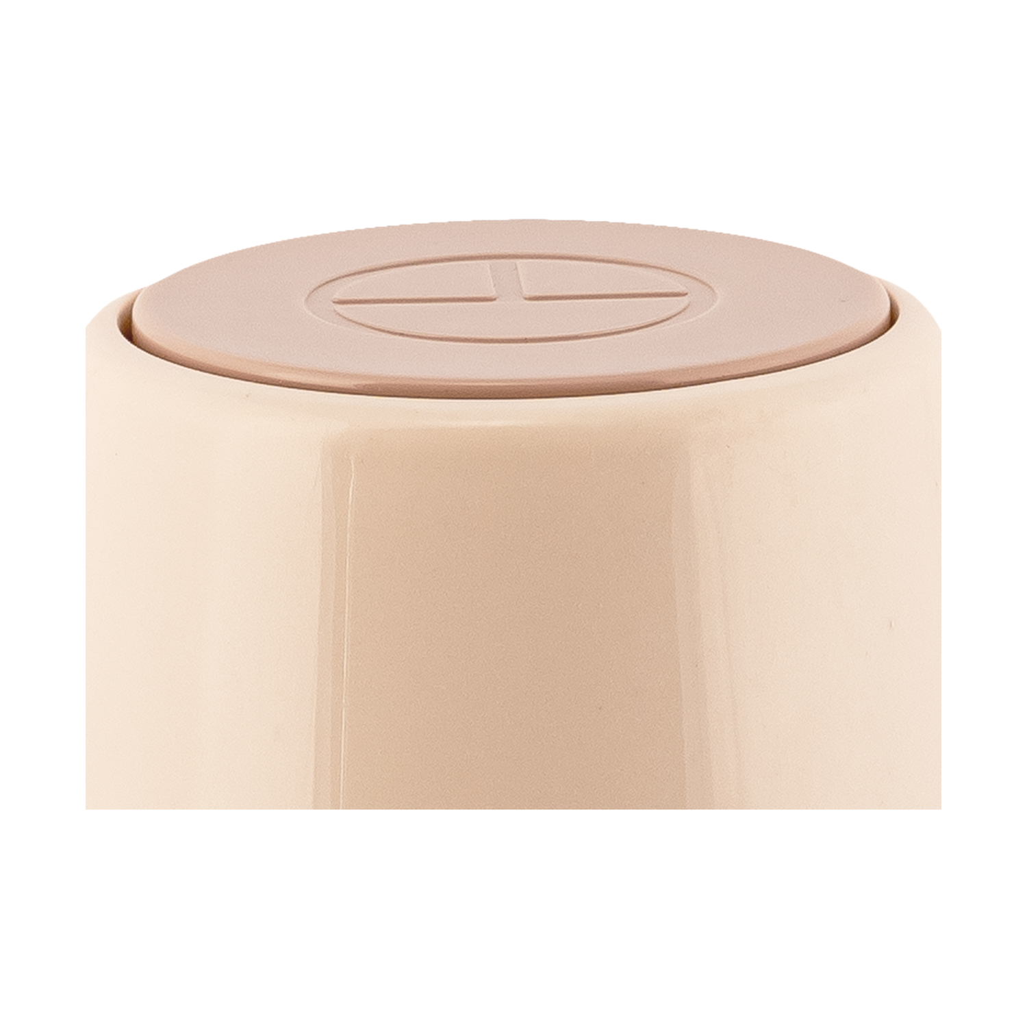 Contenitore beige con coperchio marrone chiaro e simbolo in rilievo.