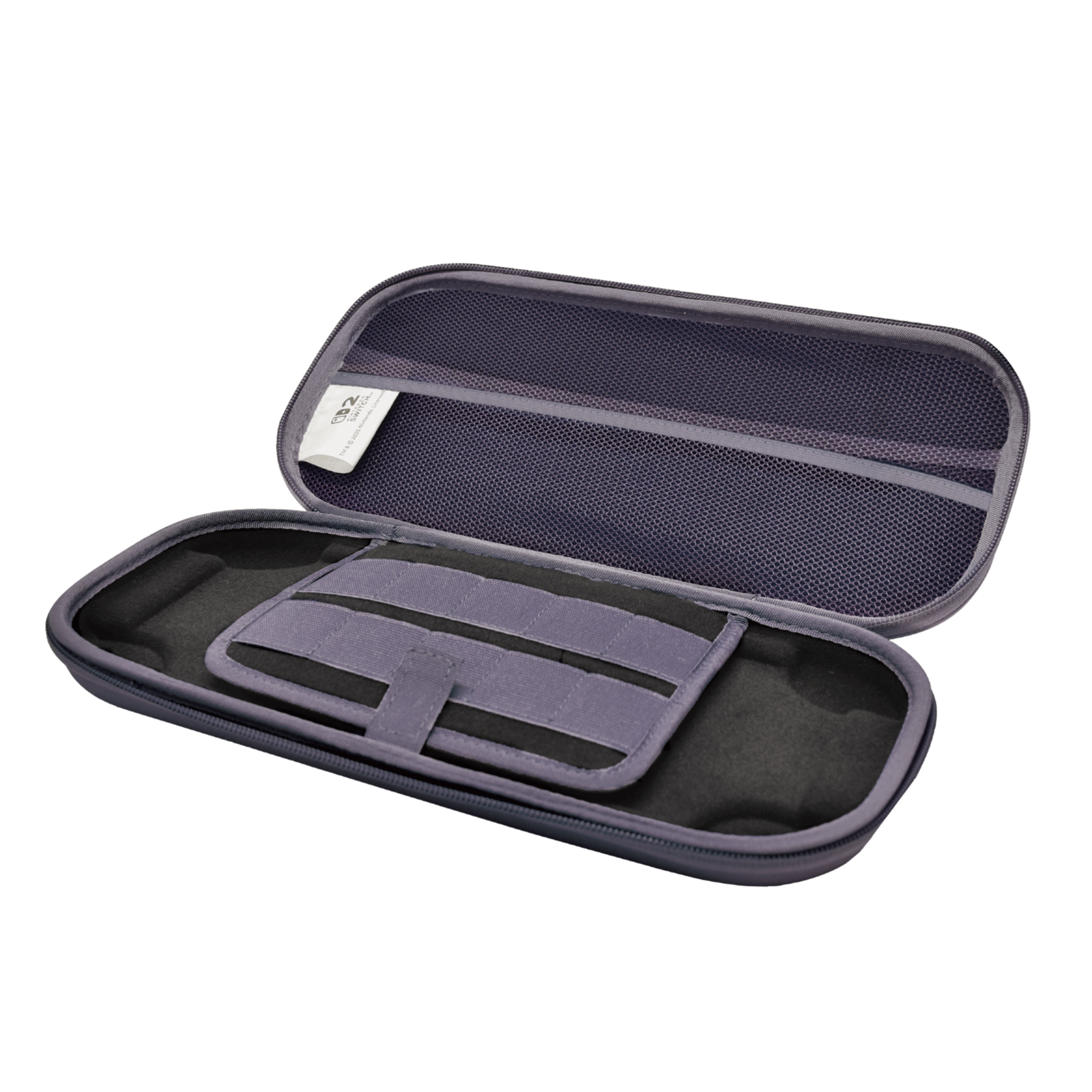 Ein dunkelgraues Nintendo Switch Etui, geöffnet, mit Netzfach und Haltebändern.