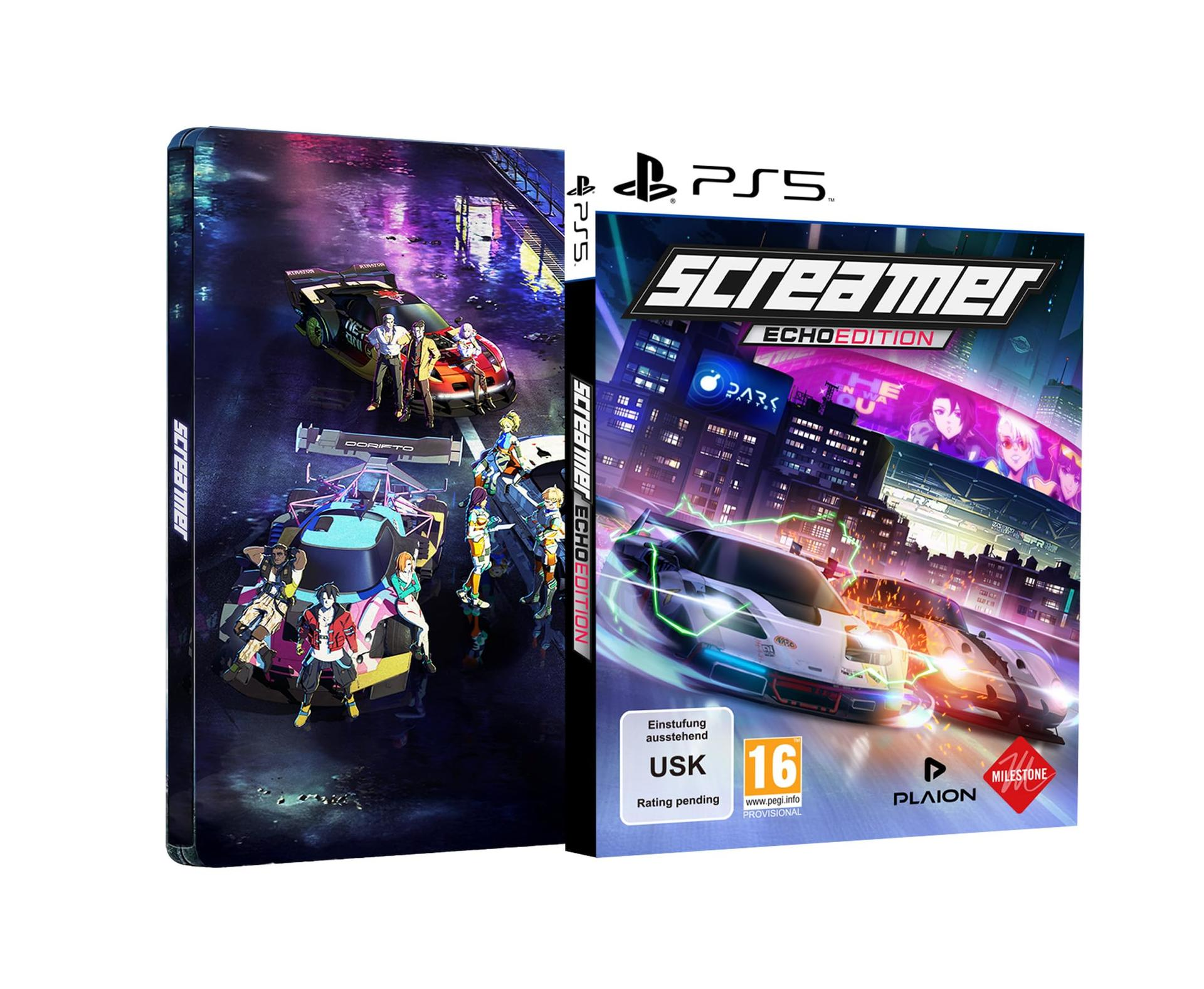 PS5 Spiel "Screamer Echo Edition" mit Rennwagen und Charakteren im Anime-Stil.
