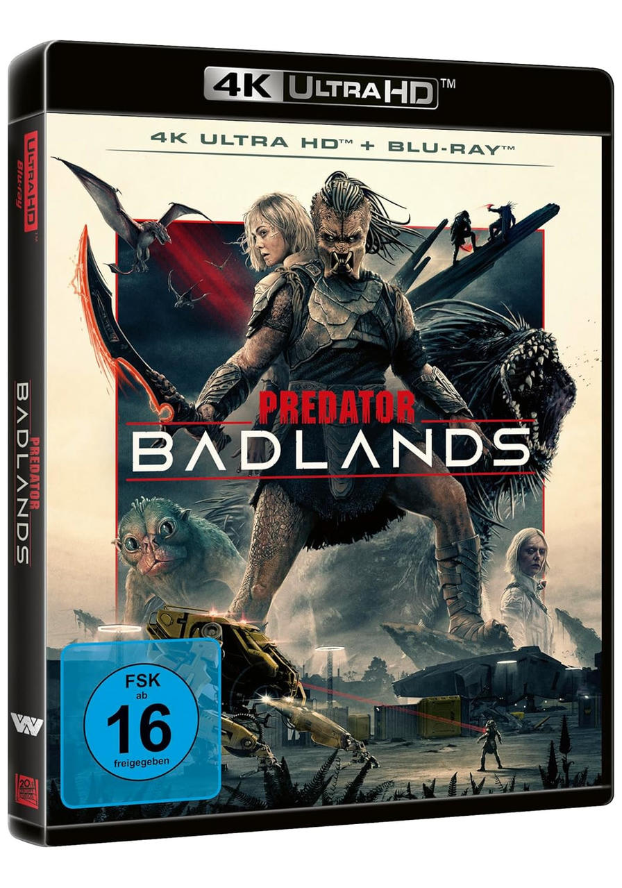 Predator Badlands 4K UHD Blu-ray Cover mit Jägern, Kreaturen und FSK 16 Siegel.