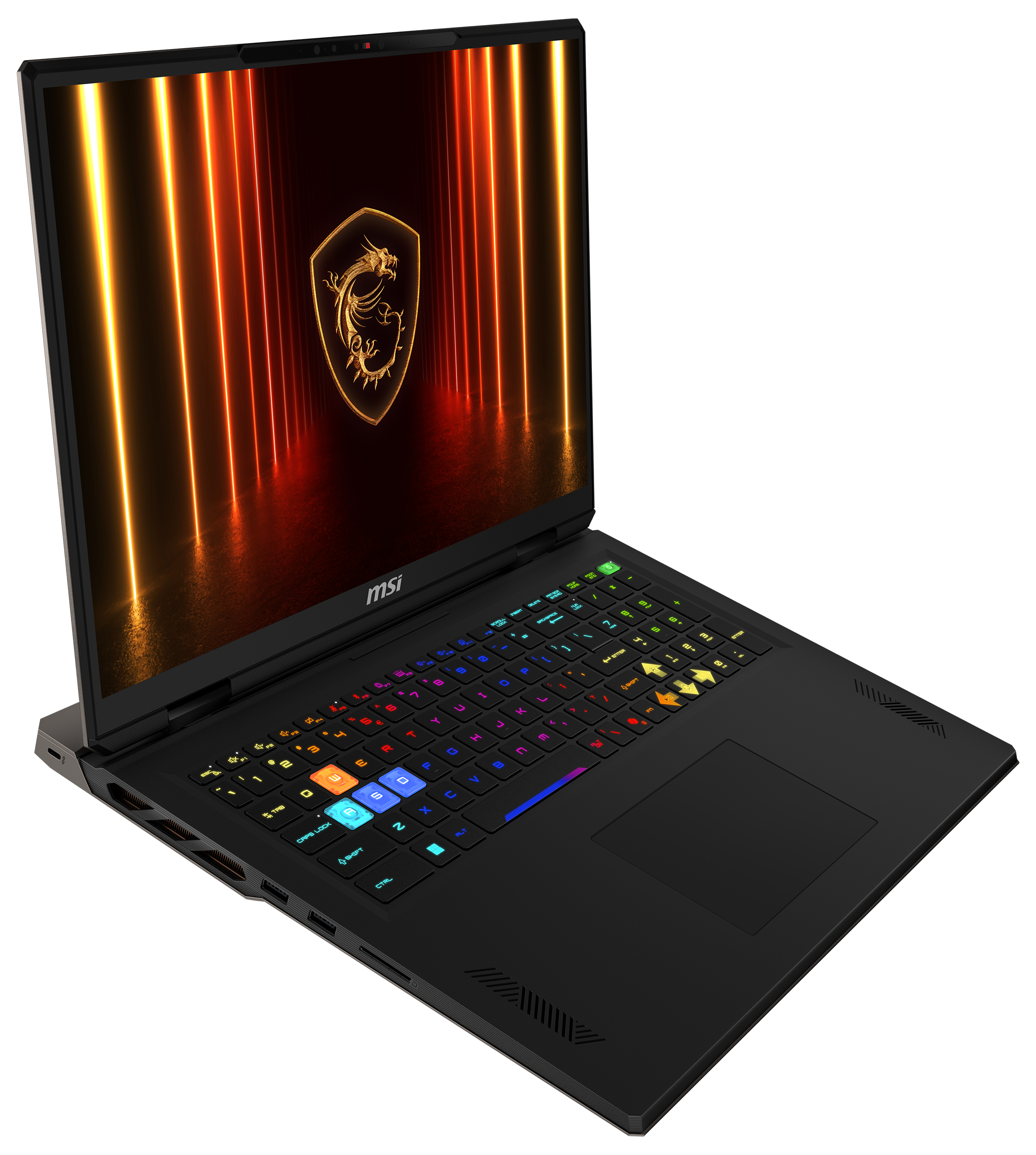 Ein schwarzer MSI-Gaming-Laptop mit beleuchteter Tastatur und Drachenlogo auf dem Bildschirm.