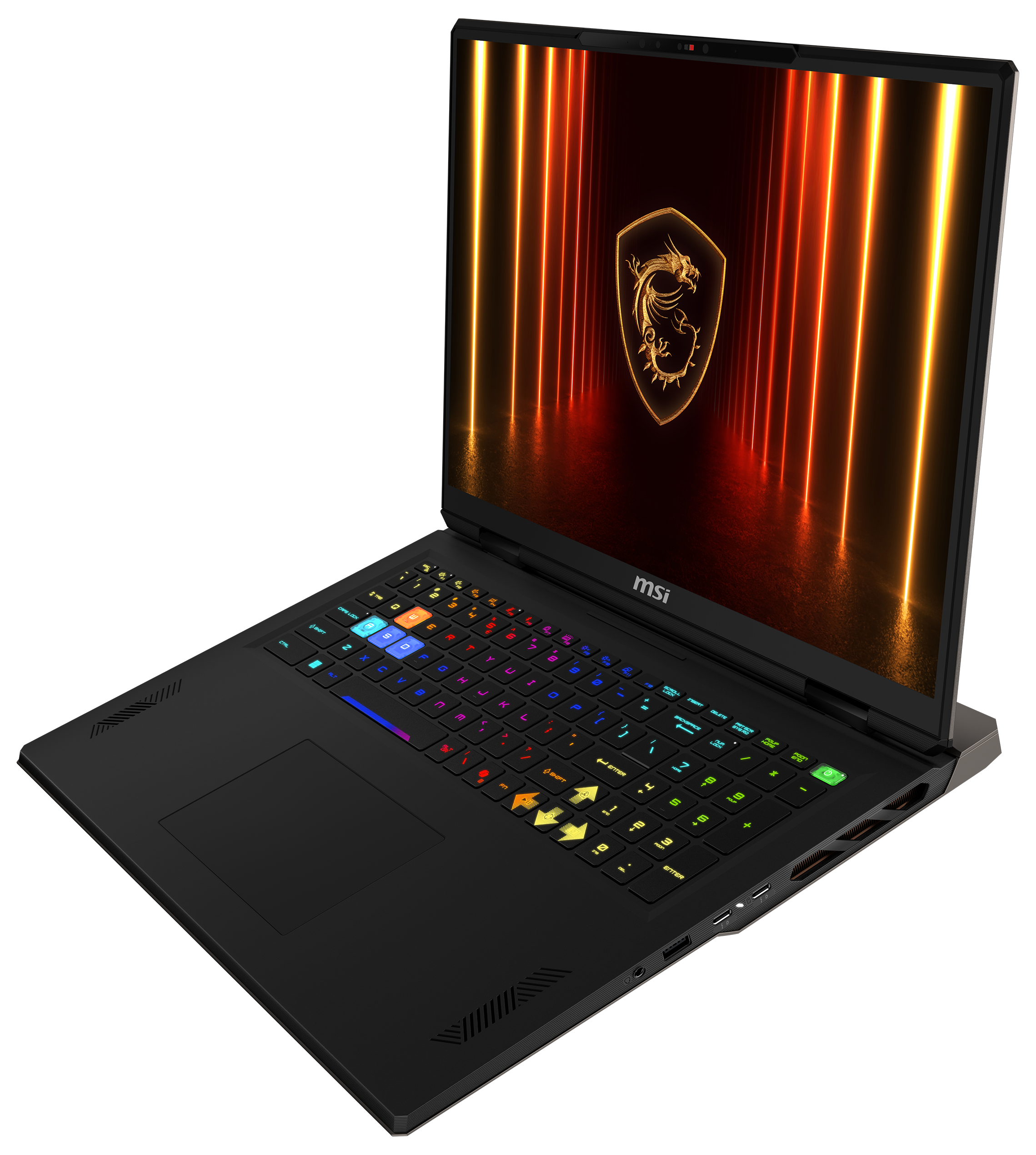 Ein schwarzer MSI-Gaming-Laptop mit beleuchteter Tastatur und Drachenlogo auf dem Bildschirm.