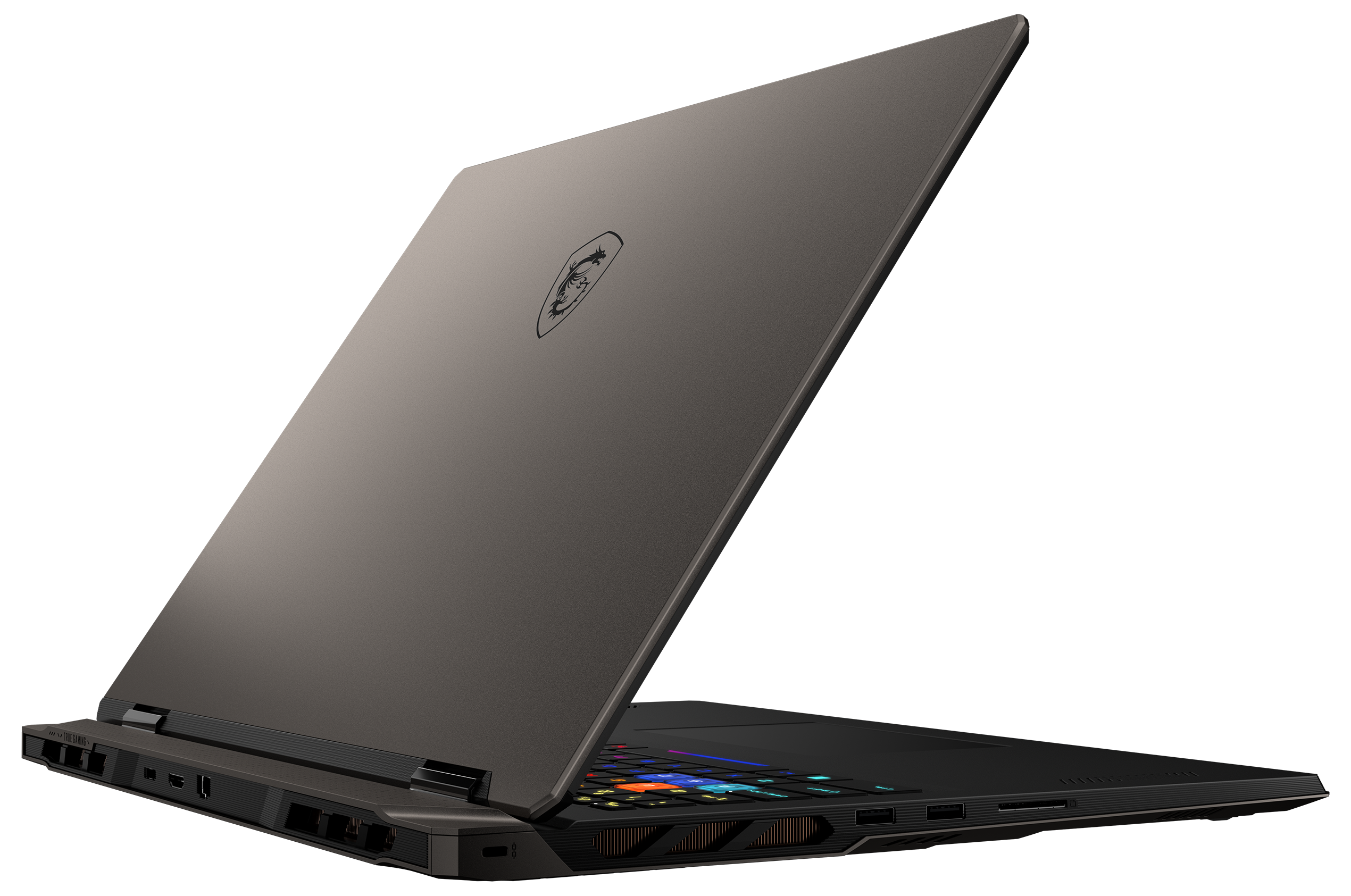 Ein geschlossener Laptop mit grauem Gehäuse und beleuchteter Tastatur.