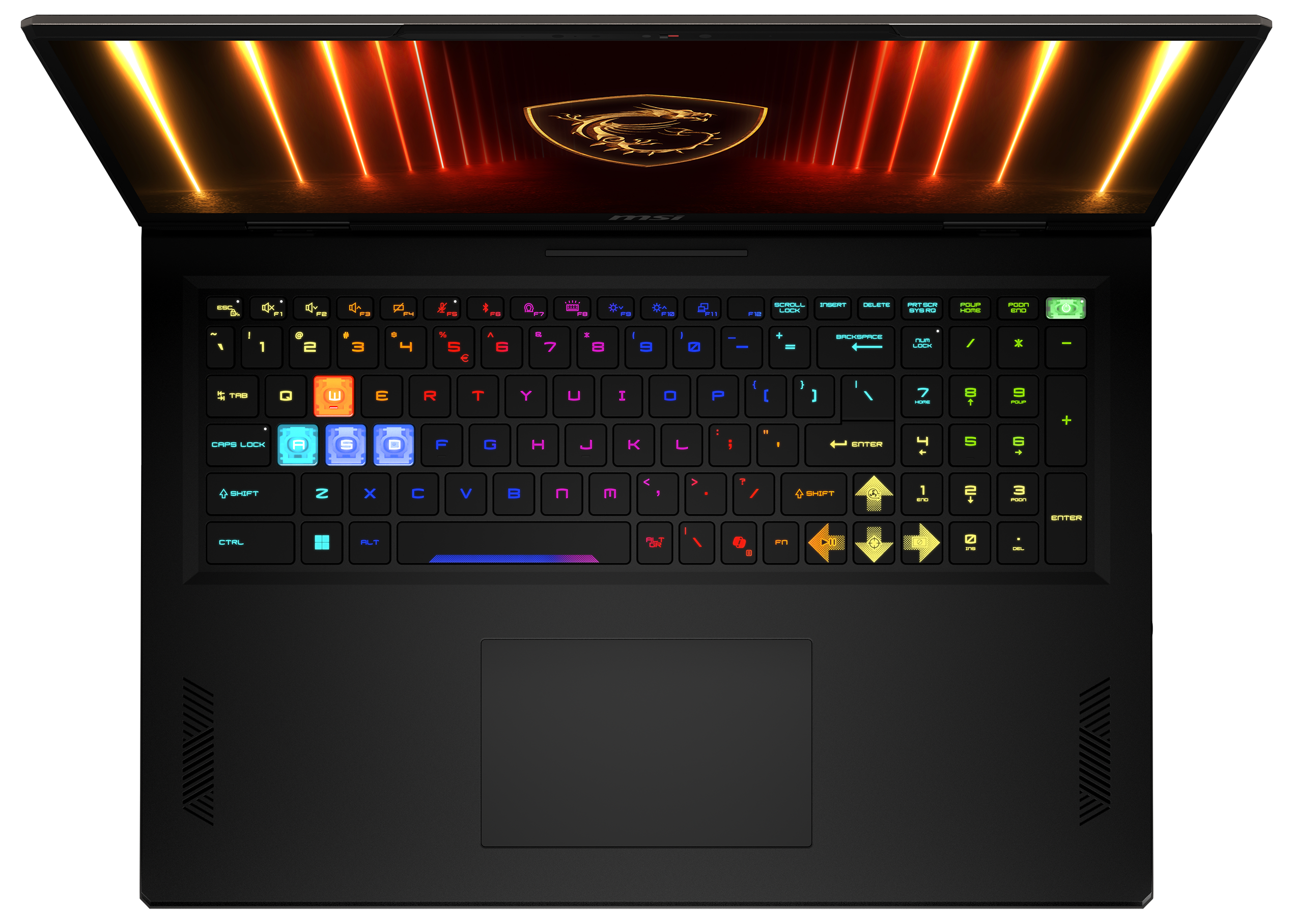 Ein geöffneter schwarzer Laptop mit beleuchteter Tastatur und einem Drachenlogo auf dem Bildschirm.