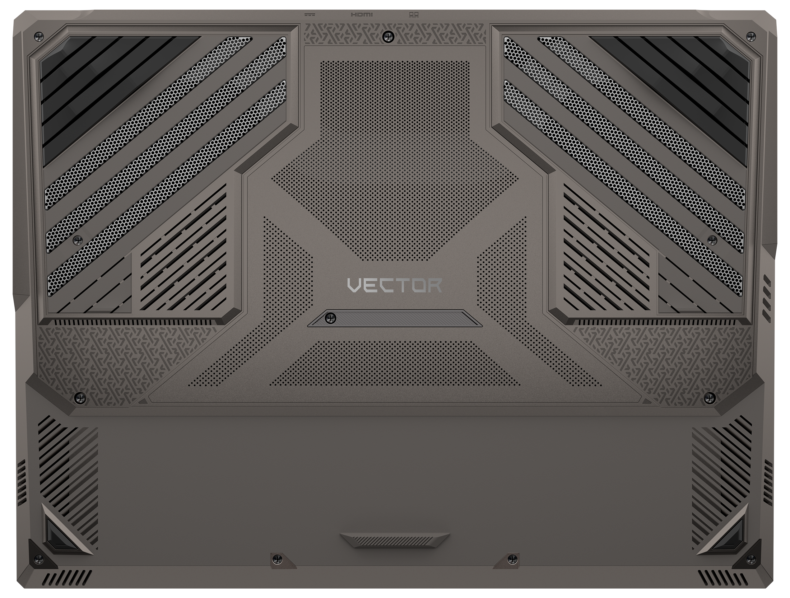 Grauer Laptopboden mit Lüftungsschlitzen und "VECTOR"-Logo.