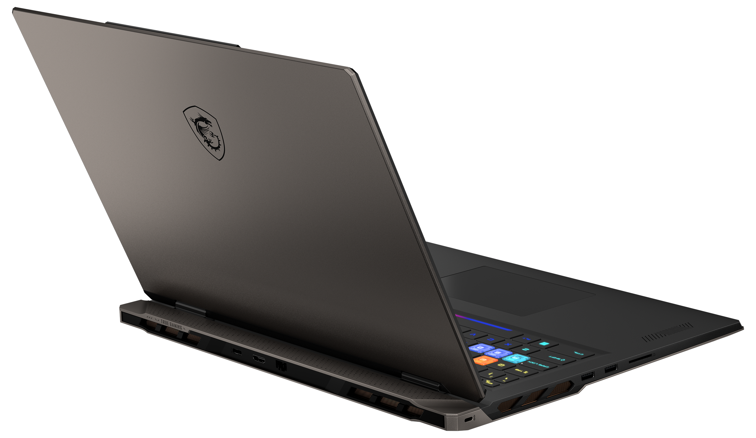 Ein offener, dunkler Laptop mit beleuchteter Tastatur und Drachenlogo auf dem Deckel.