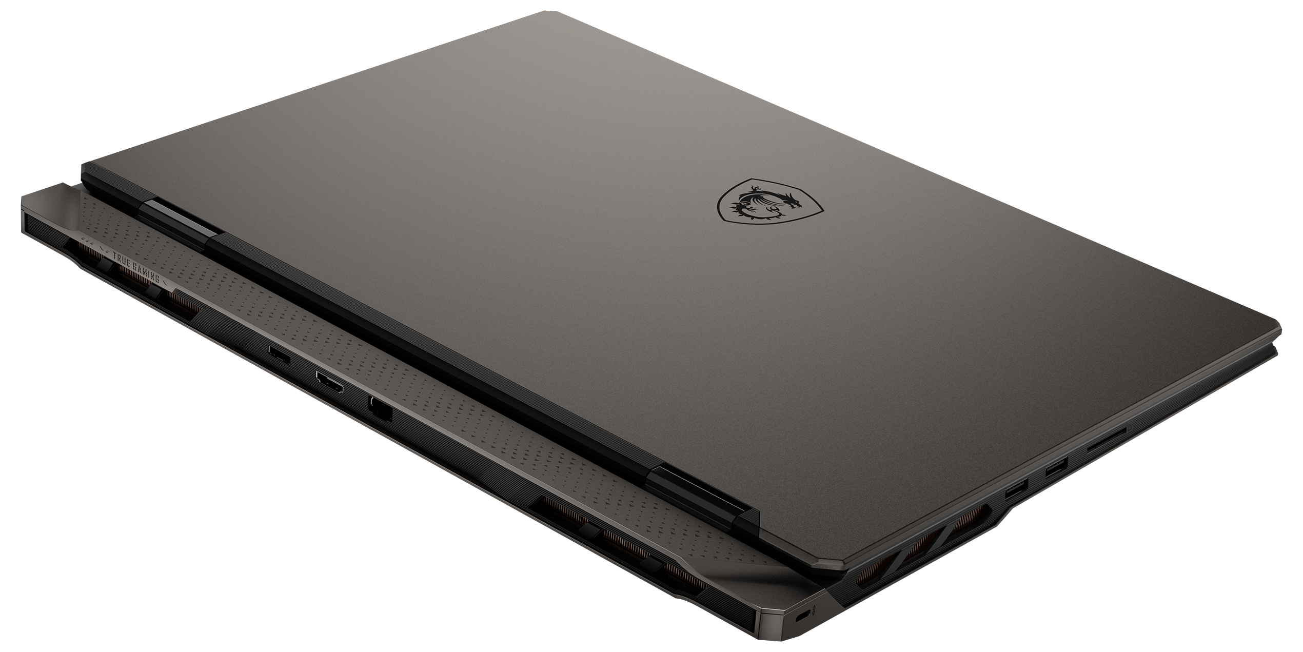 Ein geschlossener grauer Laptop mit einem Drachenlogo auf dem Deckel.